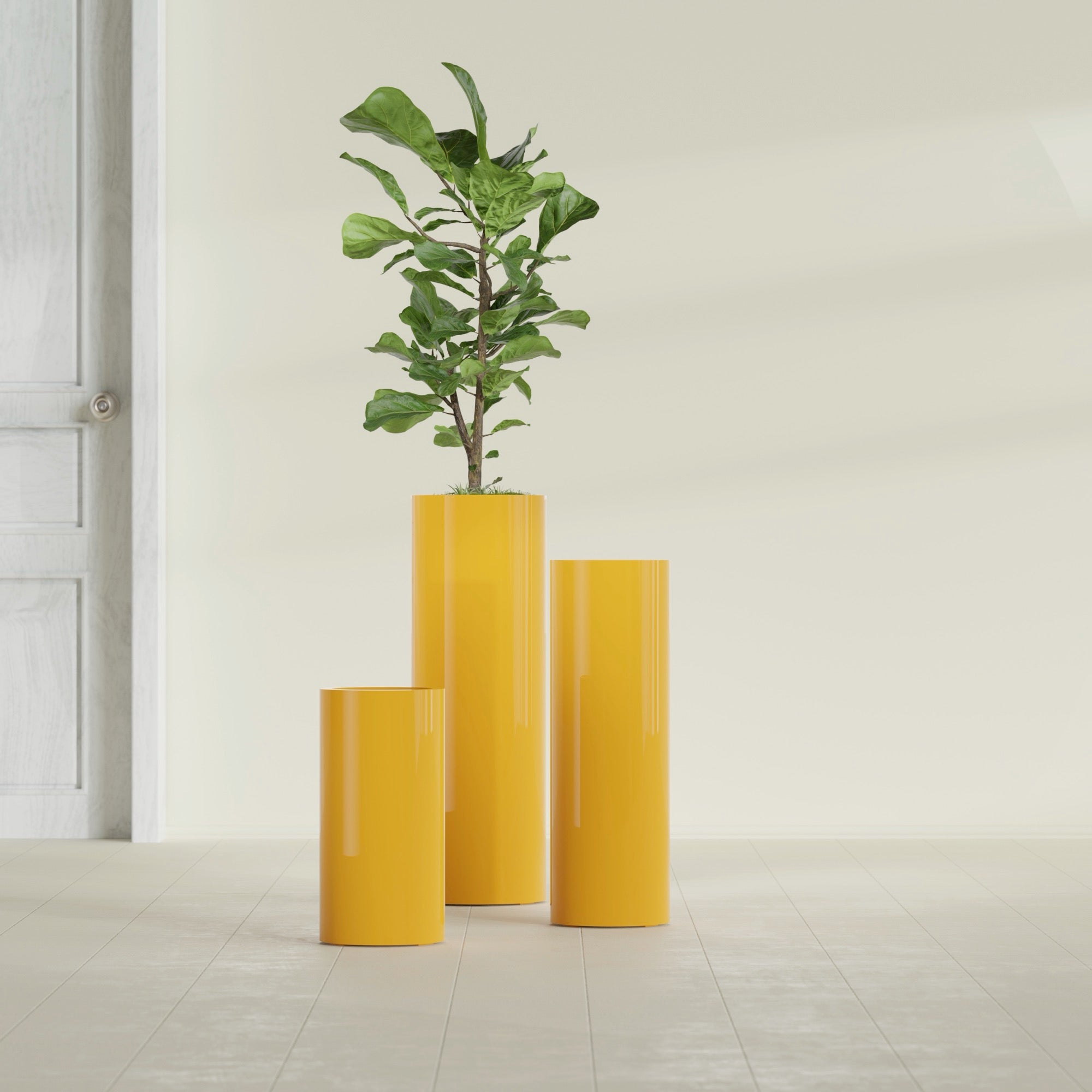 Corry Medium Tall Cylinder Fiberglass Planter - 10 in x 10 in x 20 in - Gloss Saffron - Gloss Saffron,10 in x 10 in x 20 in