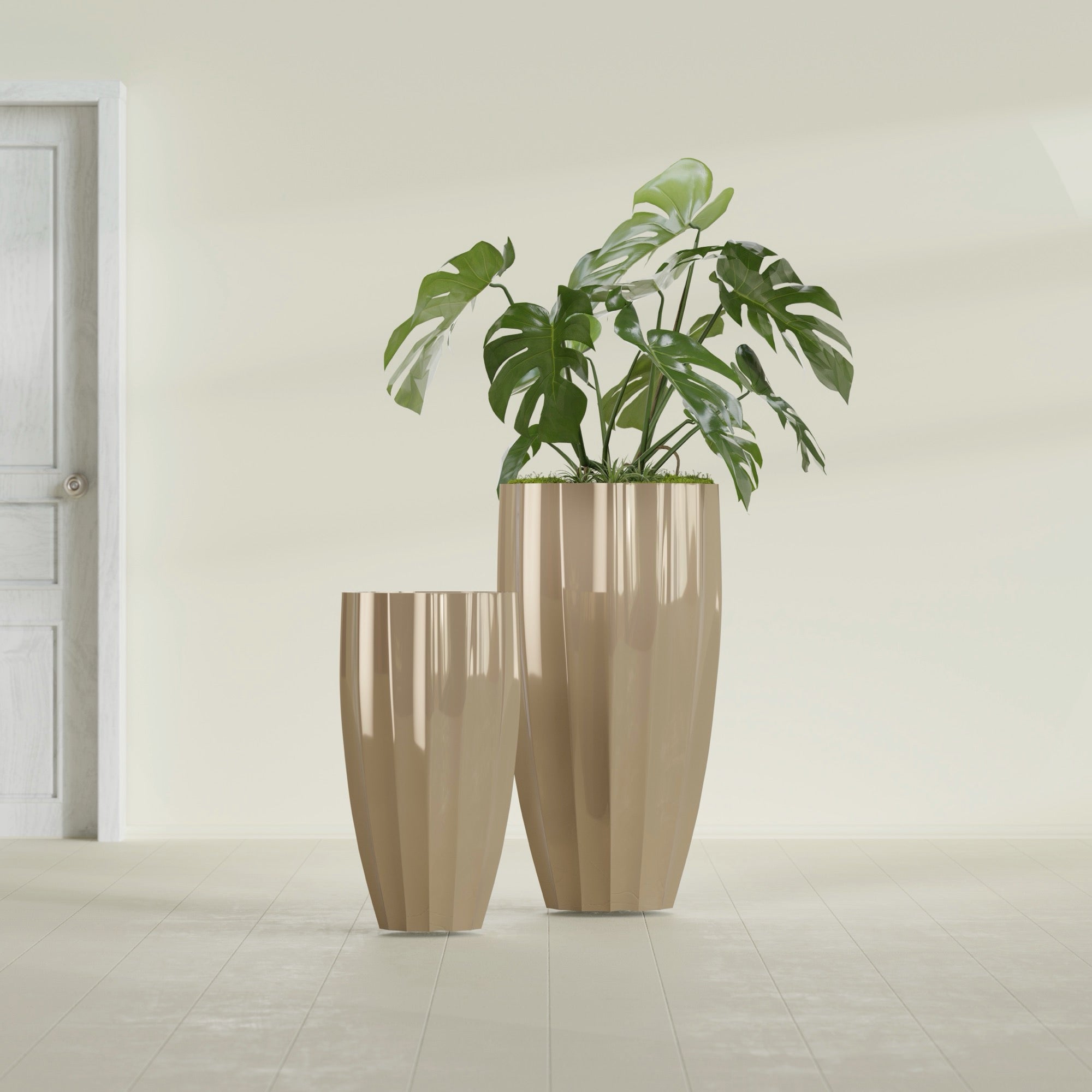 San Jose Large Tall Round Fluted Fiberglass Planter - 16 in x 16 in x 30 in - Metallic Gold - Metallic Gold,16 in x 16 in x 30 in