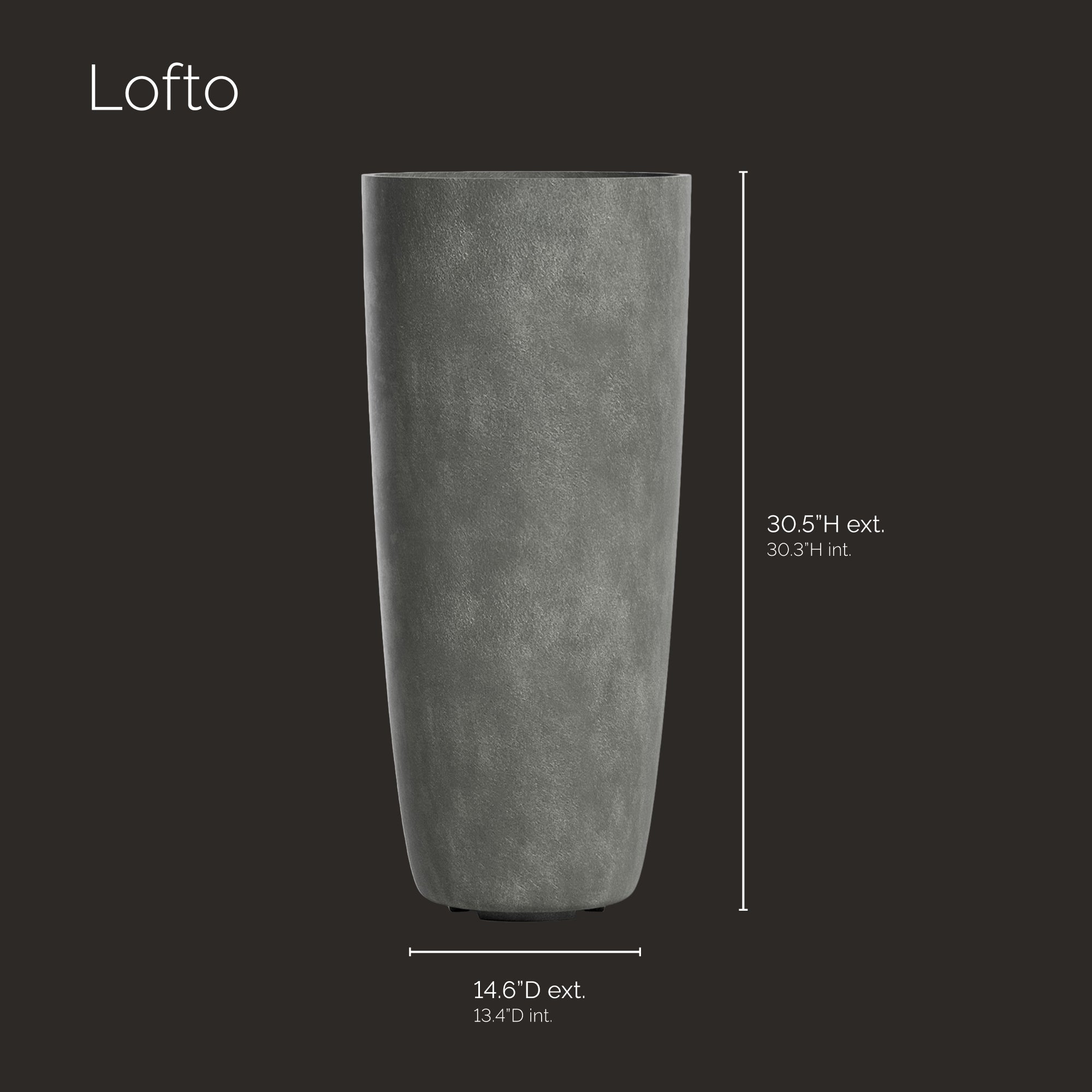 Lofto Tall Planter – Grey Stone Finish – Fiberglass Indoor/Outdoor and Weather-Resistant Large Planter (14.5" D x 30.5" H Exterior, 13.4" D x 30.3" H Interior) - Grey Stone,14.5 in x 14.5 in x 30.5 in - Grey Stone,14.6 in diam. x 30.5 in - Grey Stone - Grey Stone,14.6 in diam. x 30.5 in