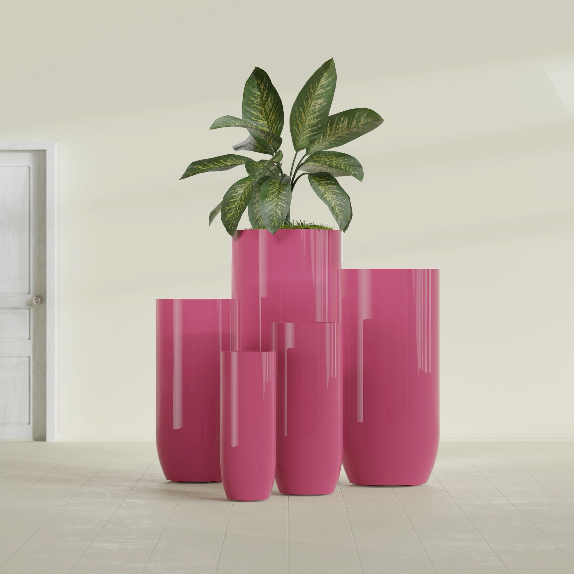 Saint Tropez Large Tall Round Fiberglass Planter - 20 in x 20 in x 43 in - Gloss Pink Violet - Gloss Pink Violet,20 in x 20 in x 43 in