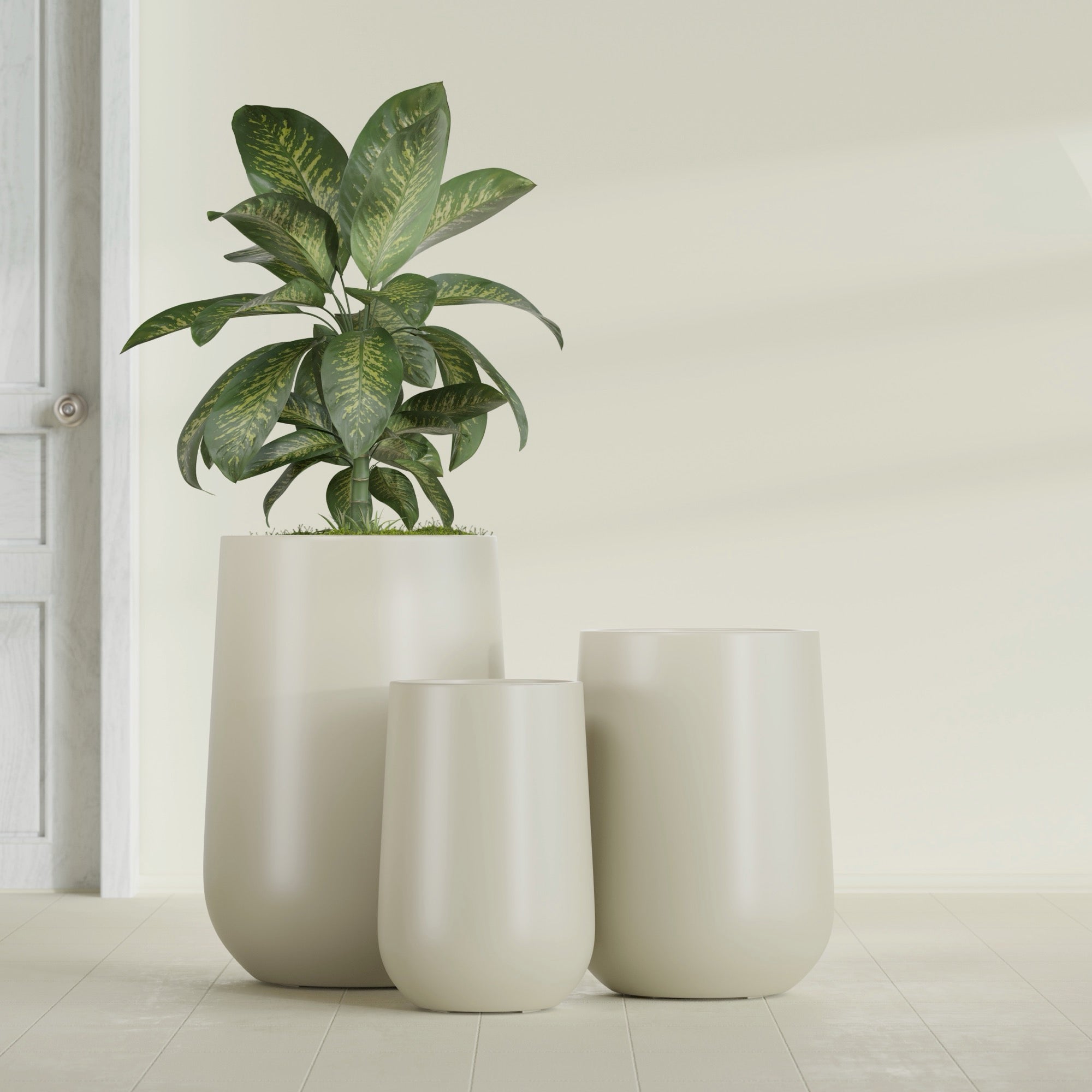 Tall Hayden Medium Round Fiberglass Planter - 12 in x 12 in x 20 in - Satin Beige - Satin Beige,12 in x 12 in x 20 in