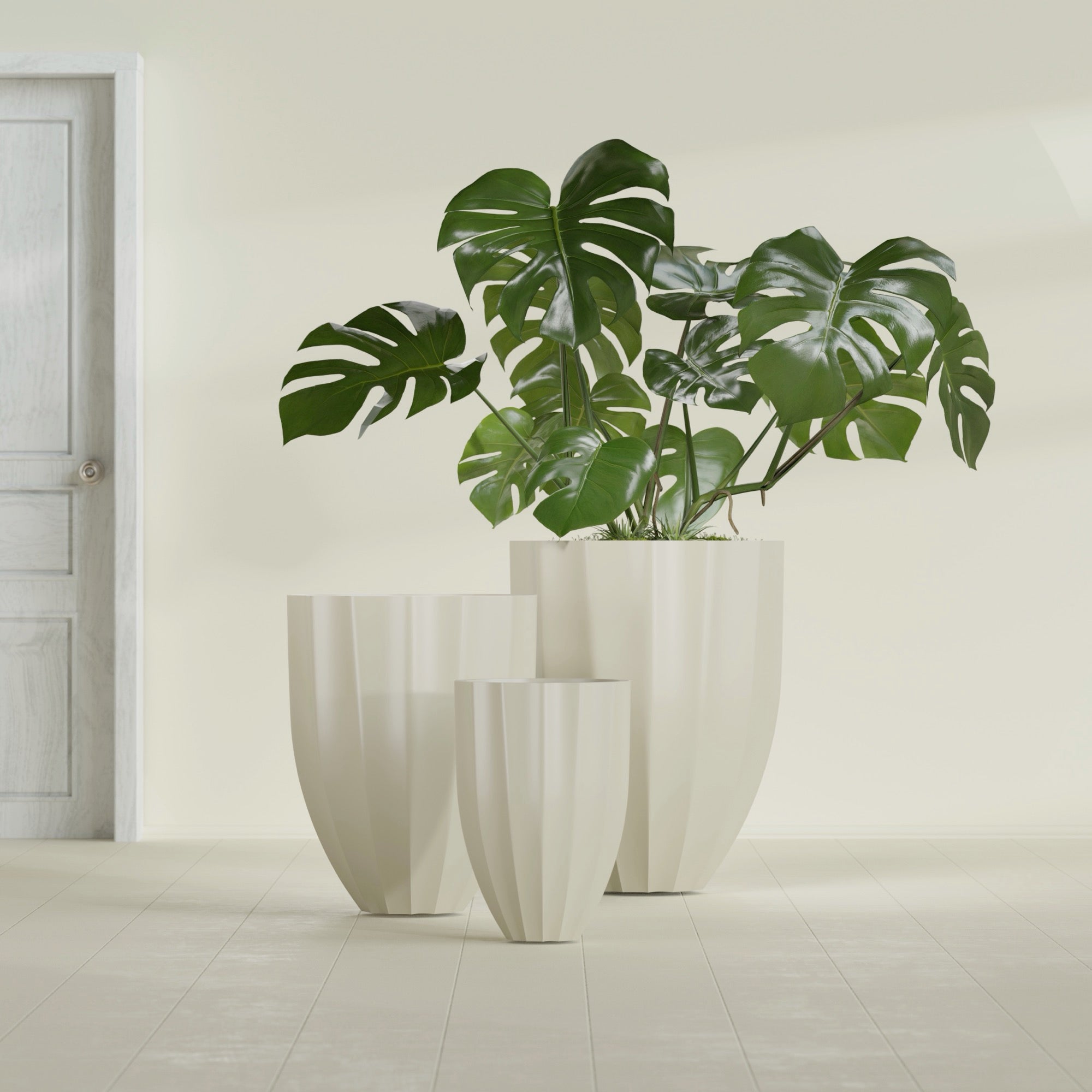 Alicante Medium Round Fiberglass Planter - 22 in x 22 in x 27 in - Satin Beige - Satin Beige,22 in x 22 in x 27 in