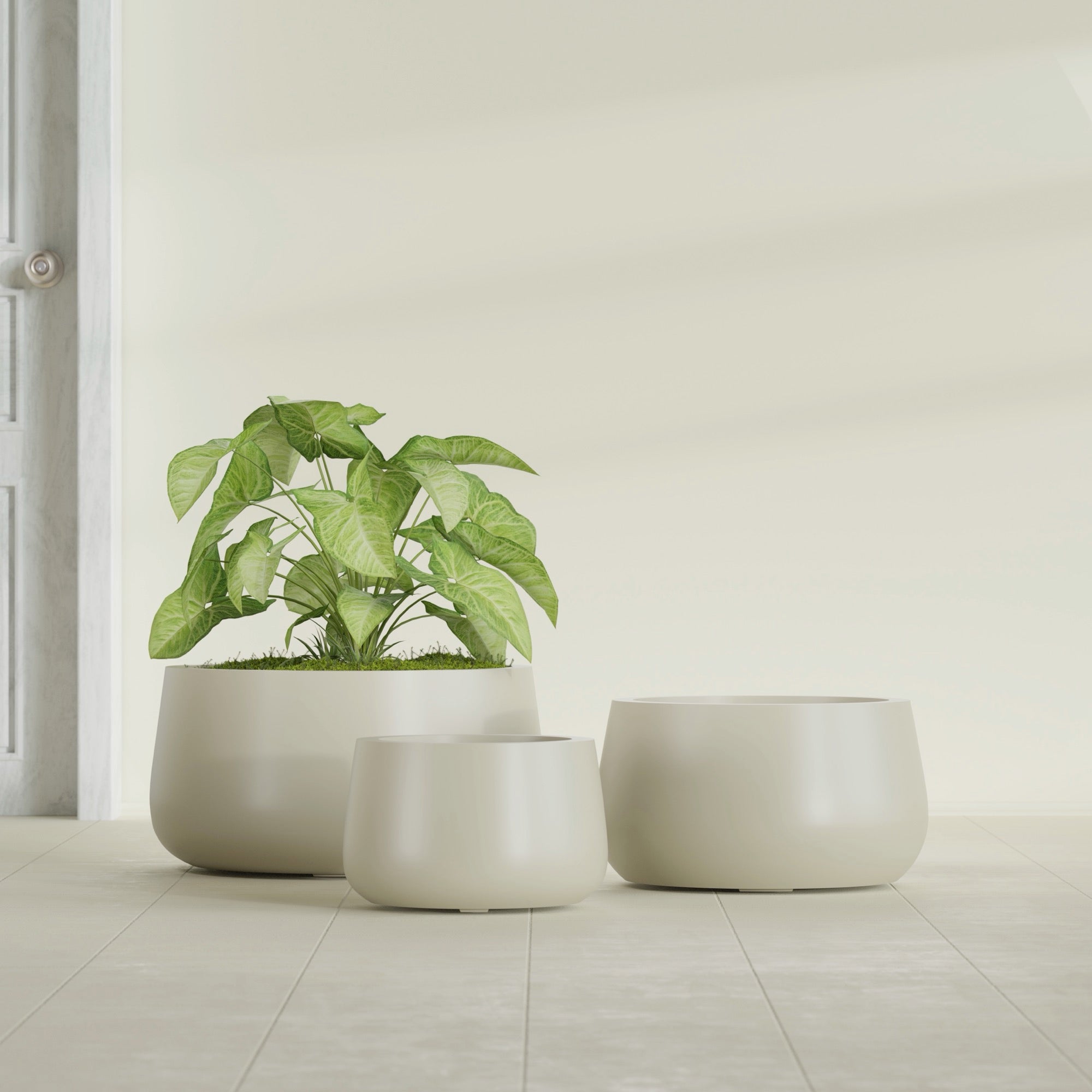 Short Hayden Small Round Fiberglass Planter - 12 in x 12 in x 7 in - Satin Beige - Satin Beige,12 in x 12 in x 7 in
