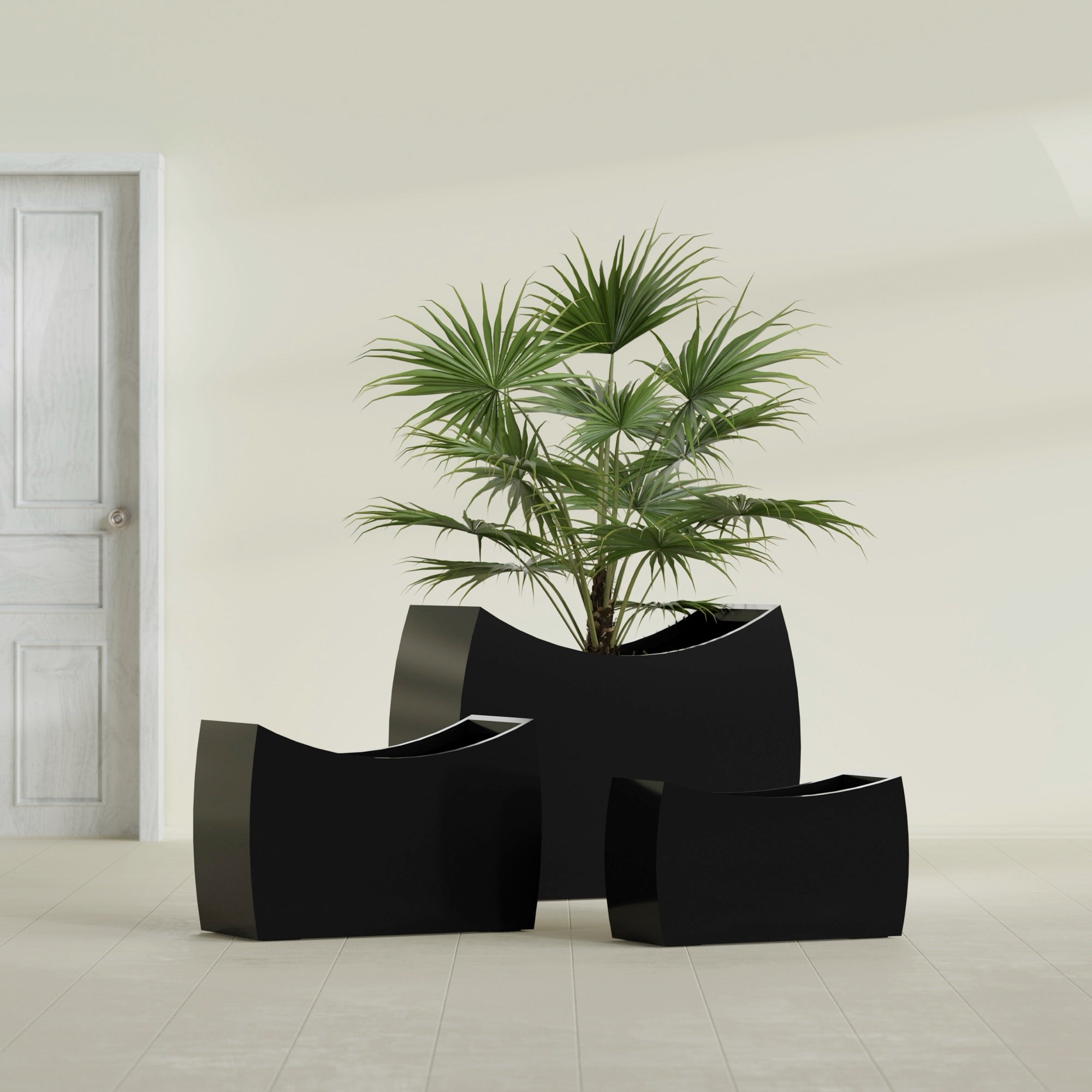 Seoul Large Curved Abstract Fiberglass Planter - 32 in x 12 in x 18 in - Gloss Black - Gloss Black,32 in x 12 in x 18 in