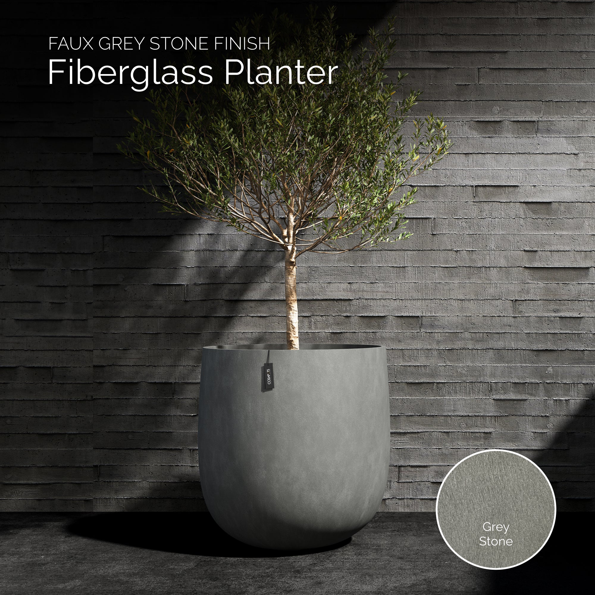 Mondo Large Planter – Grey Stone Finish – Fiberglass Indoor/Outdoor and Weather-Resistant Round Planter (33" D x 31.3" H Exterior, 31.5" D x 30.8" H Interior) - Grey Stone,33 in x 33 in x 30.75 in