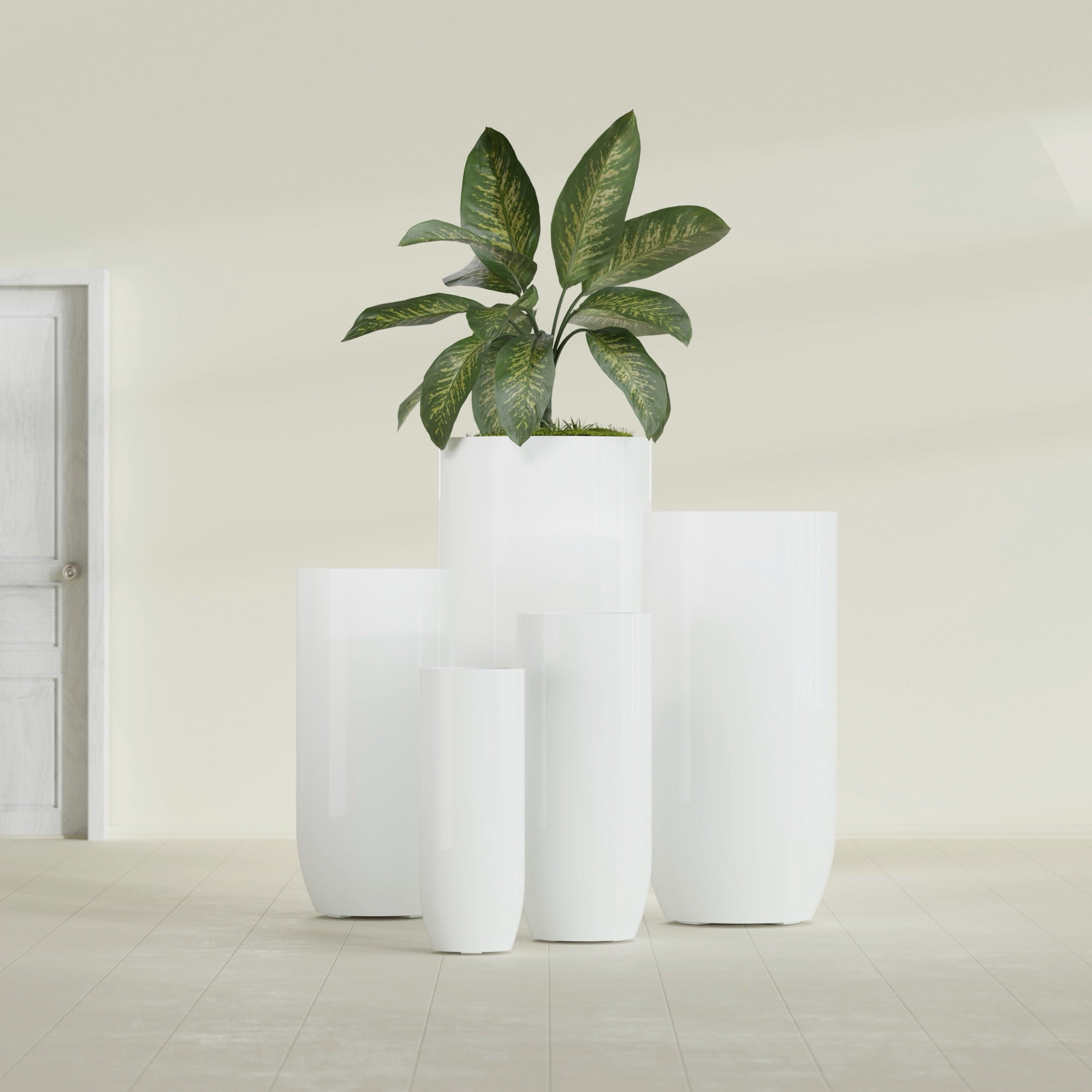 Saint Tropez Large Tall Round Fiberglass Planter - 16 in x 16 in x 38 in - Gloss White - Gloss White,16 in x 16 in x 38 in