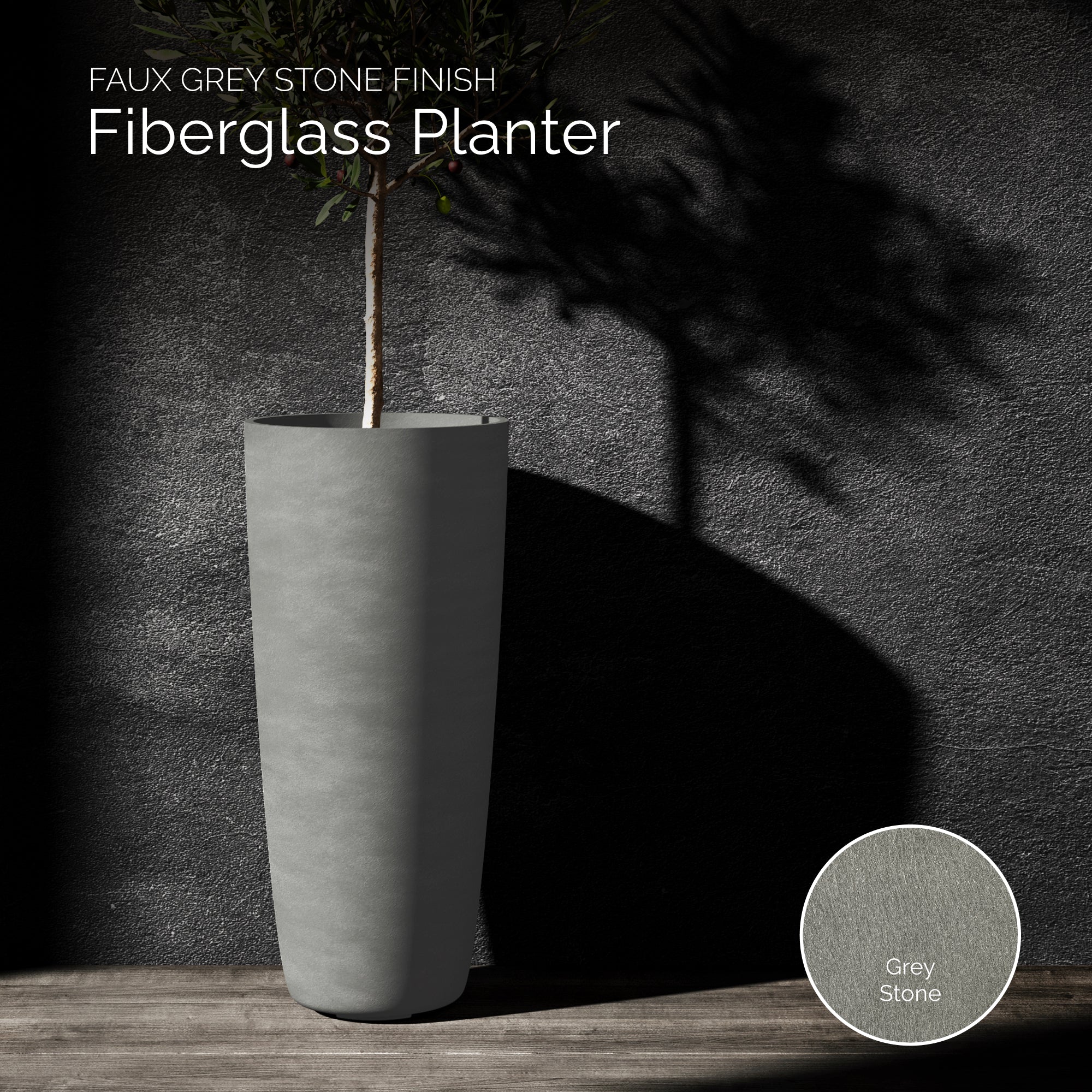 Lofto Tall Planter – Grey Stone Finish – Fiberglass Indoor/Outdoor and Weather-Resistant Large Planter (14.5" D x 30.5" H Exterior, 13.4" D x 30.3" H Interior) - Grey Stone,14.5 in x 14.5 in x 30.5 in - Grey Stone,14.6 in diam. x 30.5 in - Grey Stone - Grey Stone,14.6 in diam. x 30.5 in