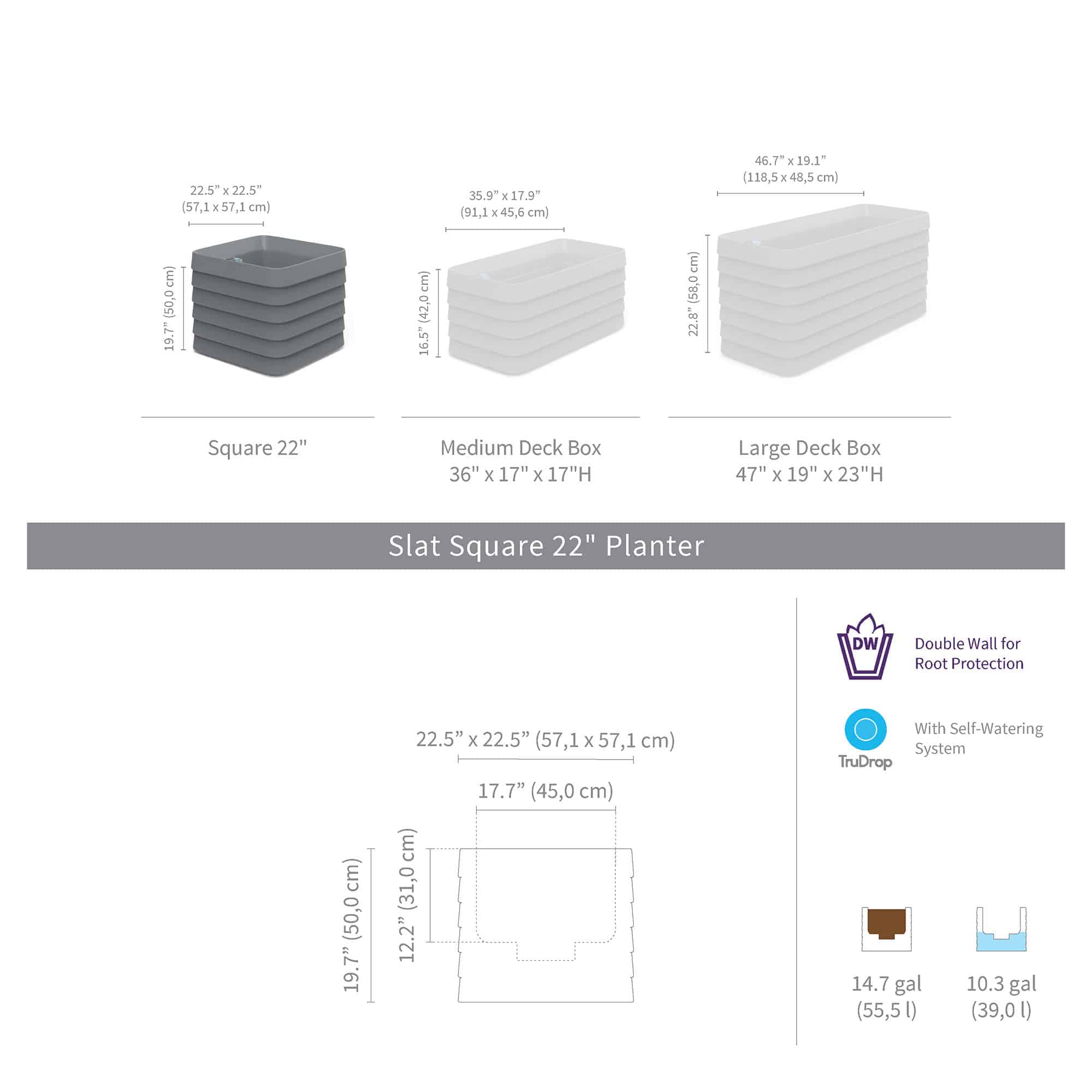 Slat Square with TruDrop™ Self-Watering - 22in x 22in x 19.6 in