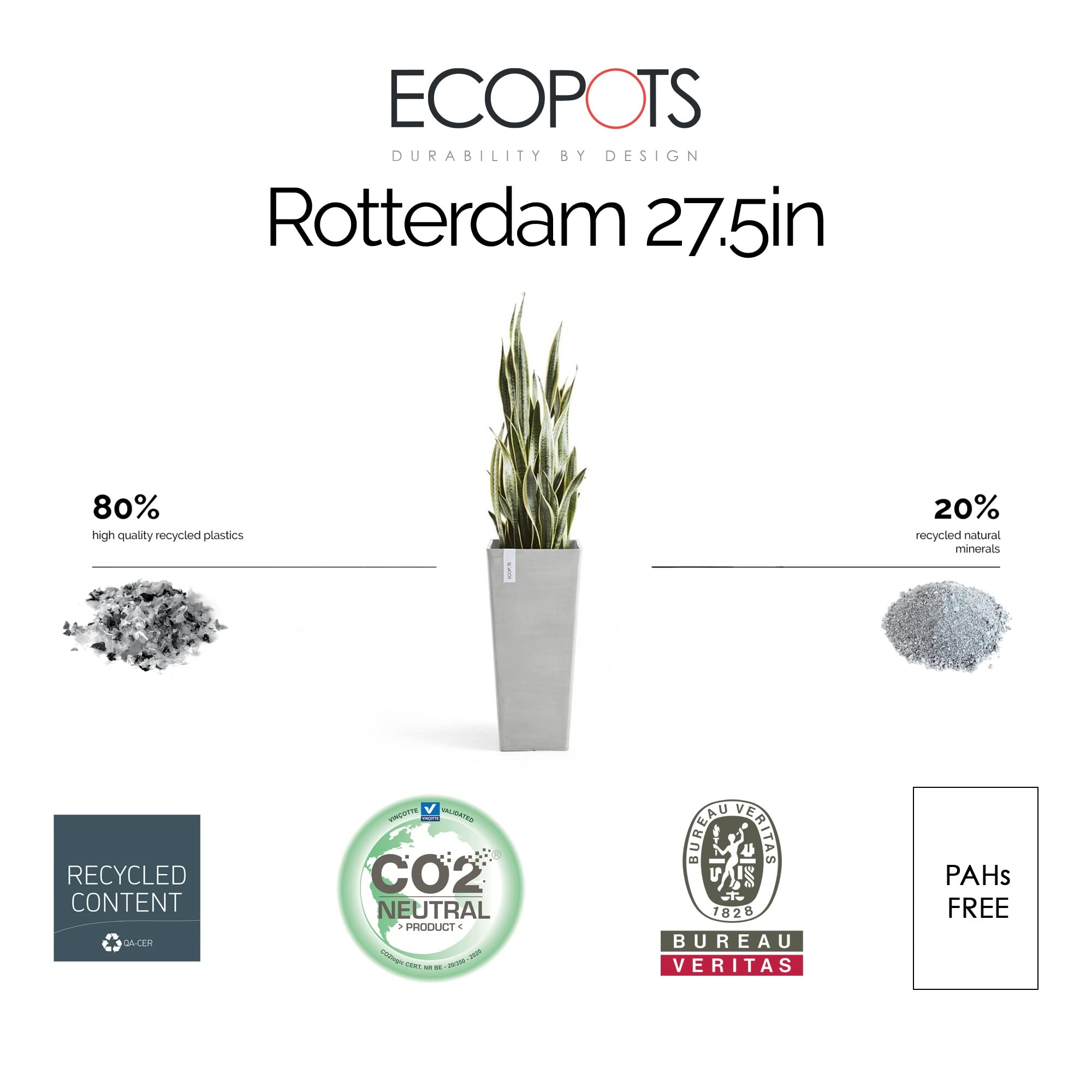 Rotterdam Medium Tall Square Planter - 12.6 in x 12.6 in x 27.5 in - White Grey - White Grey,12.5 in x 12.5 in x 27.5 in,Planter Only