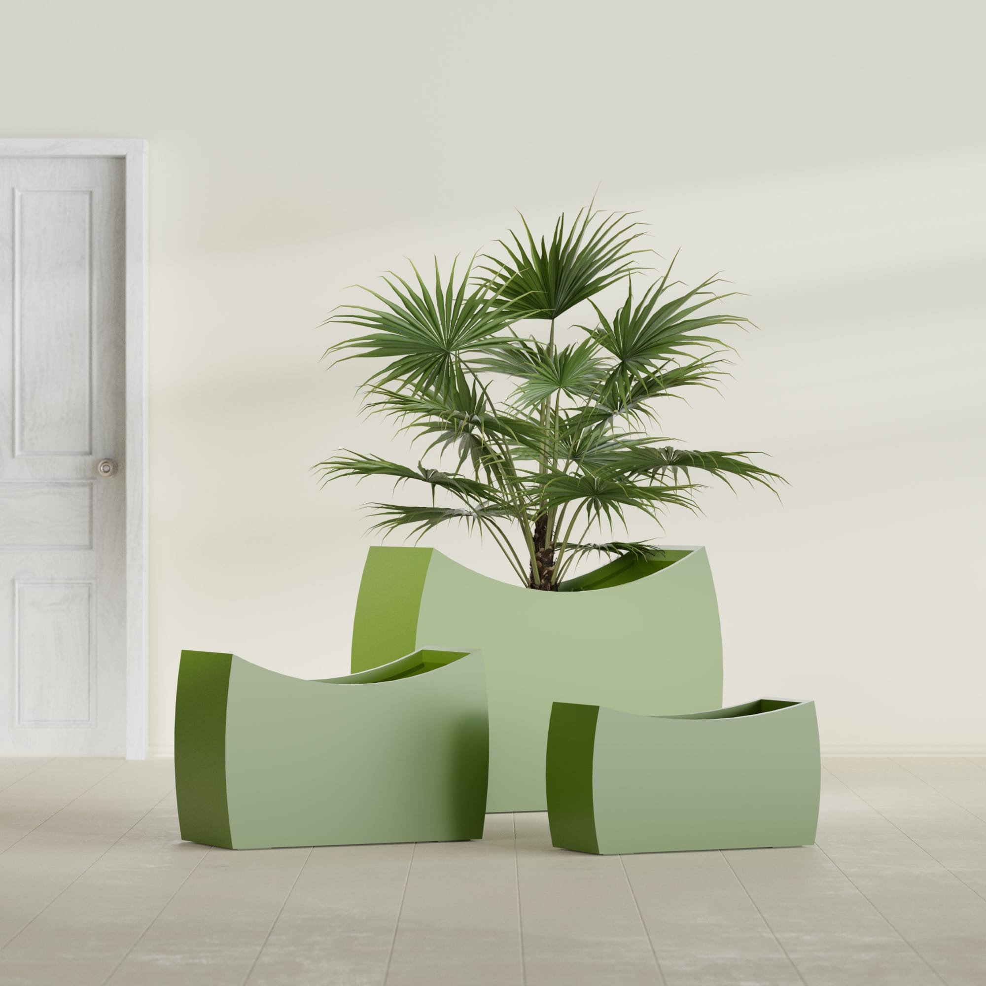 Seoul Extra Large Curved Abstract Fiberglass Planter - 48 in x 20 in x 36 in - Satin Green - Satin Green,48 in x 20 in x 36 in