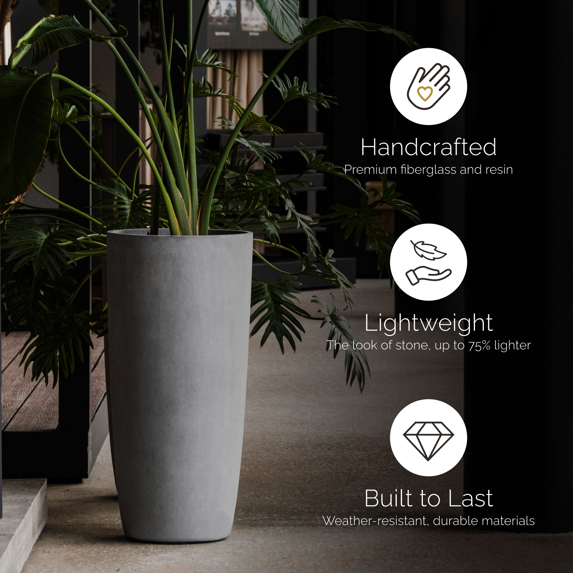 Lofto Tall Planter – Brown Stone Finish – Fiberglass Indoor/Outdoor and Weather-Resistant Large Planter (14.5" D x 30.5" H Exterior, 13.4" D x 30.3" H Interior) - Brown Stone,14.5 in x 14.5 in x 30.5 in - Brown Stone,14.6 in diam. x 30.5 in - Brown S - Brown Stone,14.6 in diam. x 30.5 in