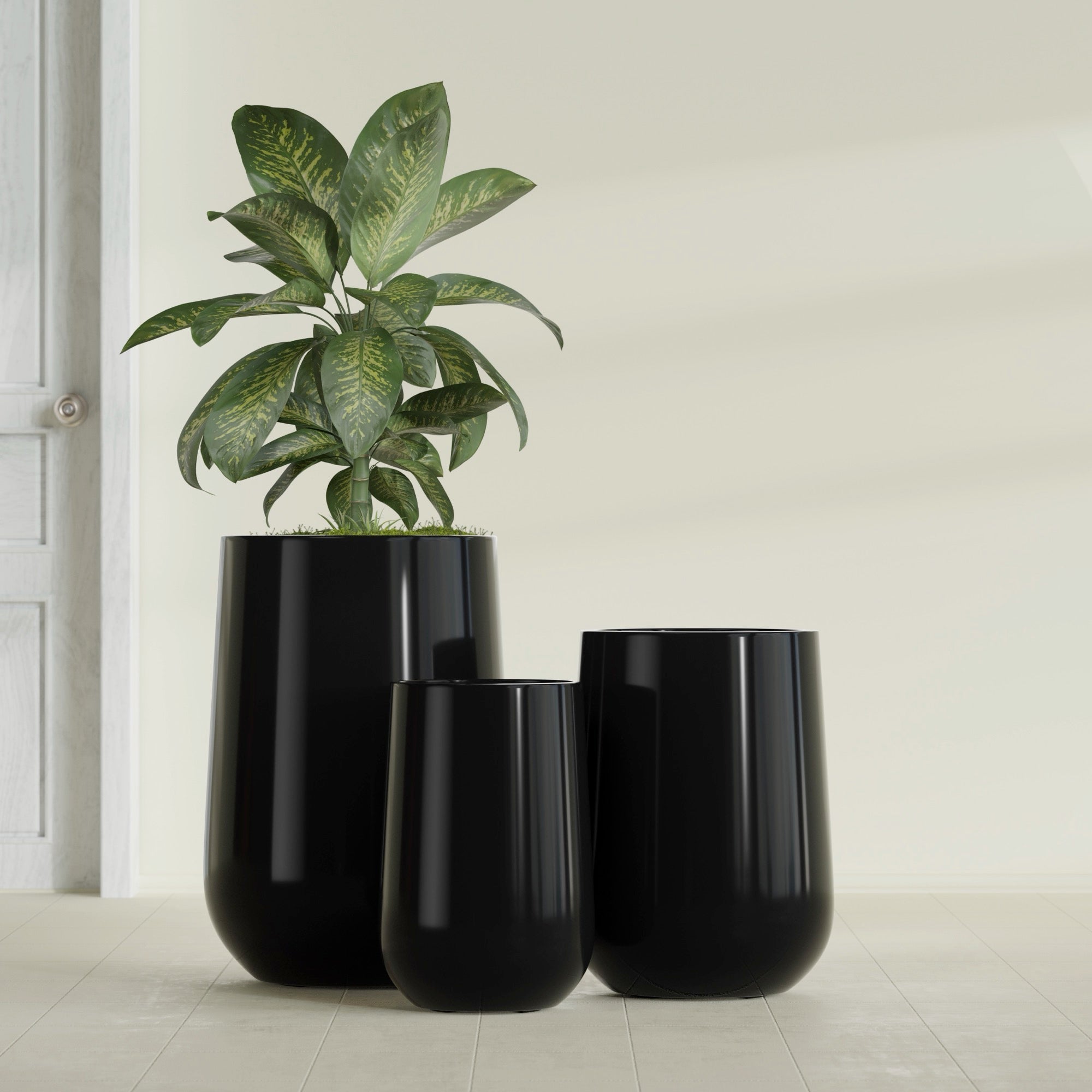 Tall Hayden Medium Round Fiberglass Planter - 12 in x 12 in x 20 in - Gloss Black - Gloss Black,12 in x 12 in x 20 in