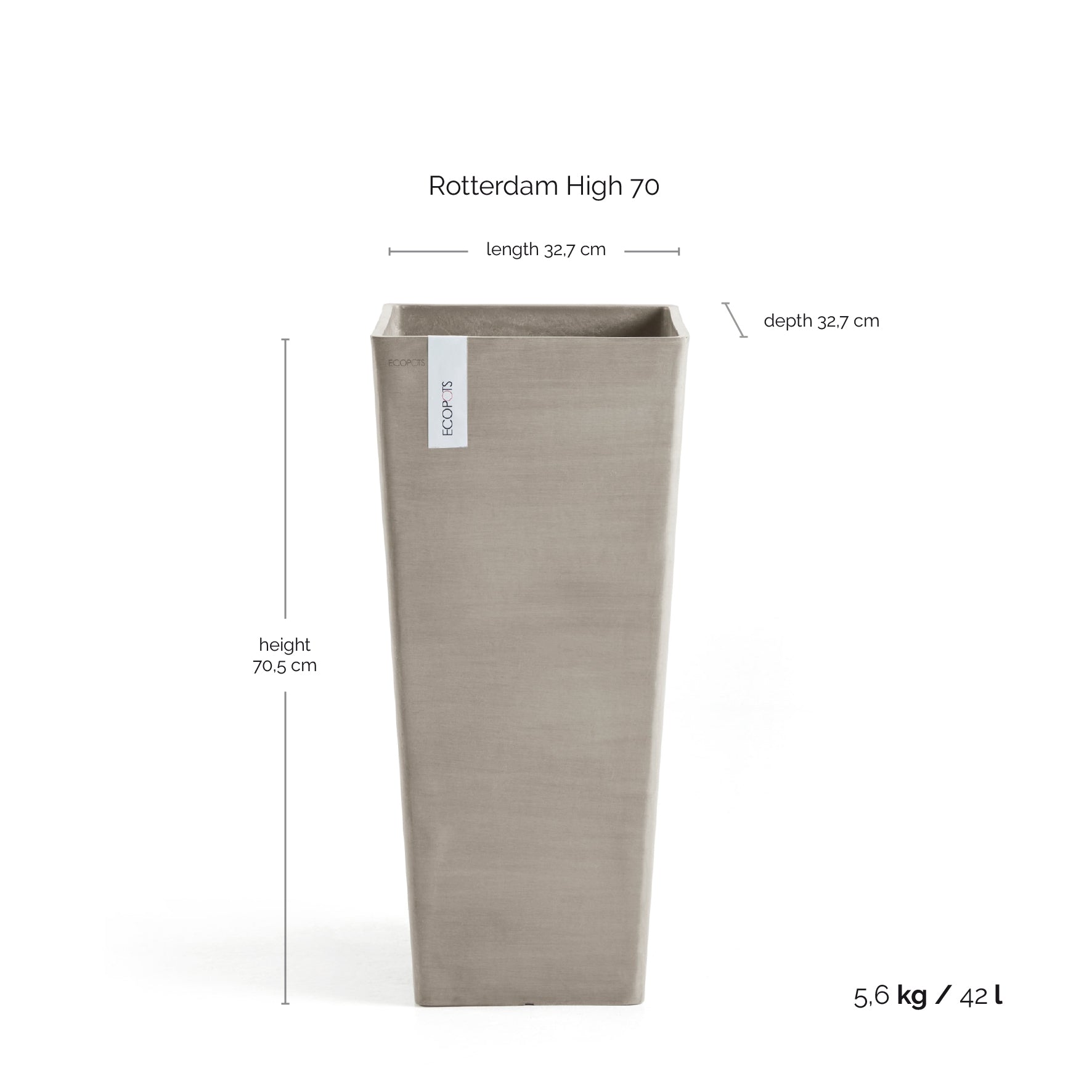 Rotterdam Medium Tall Square Planter - 12.6 in x 12.6 in x 27.5 in - Planter + Saucer - Taupe - Taupe,12.5 in x 12.5 in x 27.5 in,Planter + Saucer
