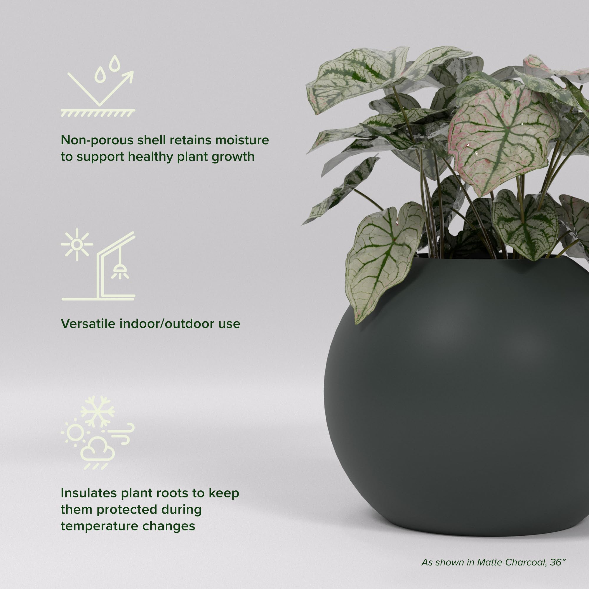 Globe Large Sphere Fiberglass Planter - 36 in x 36 in x 30 in - Matte Charcoal - Matte Charcoal,36 in x 36 in x 30 in