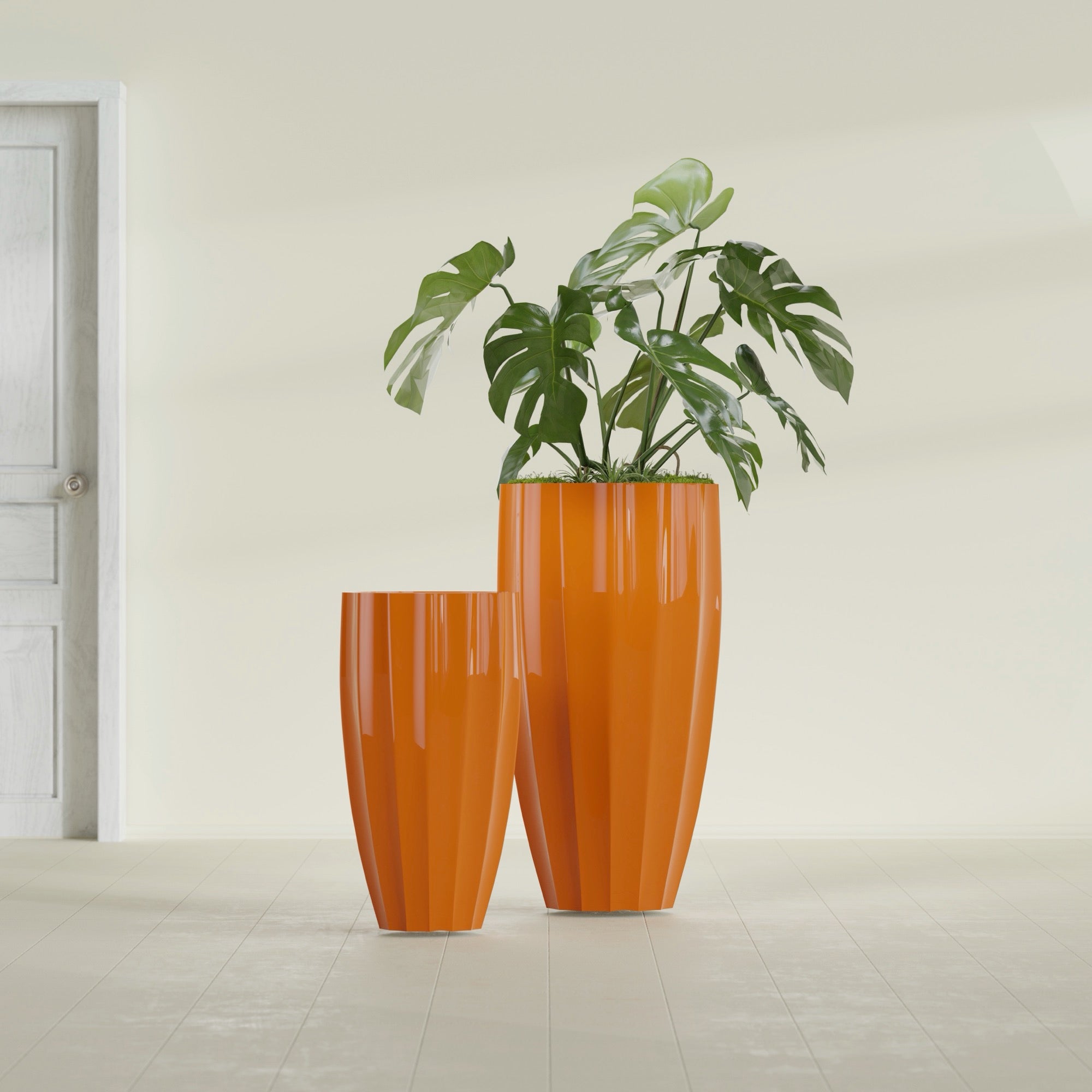 San Jose Large Tall Round Fluted Fiberglass Planter - 16 in x 16 in x 30 in - Gloss Tangerine - Gloss Tangerine,16 in x 16 in x 30 in
