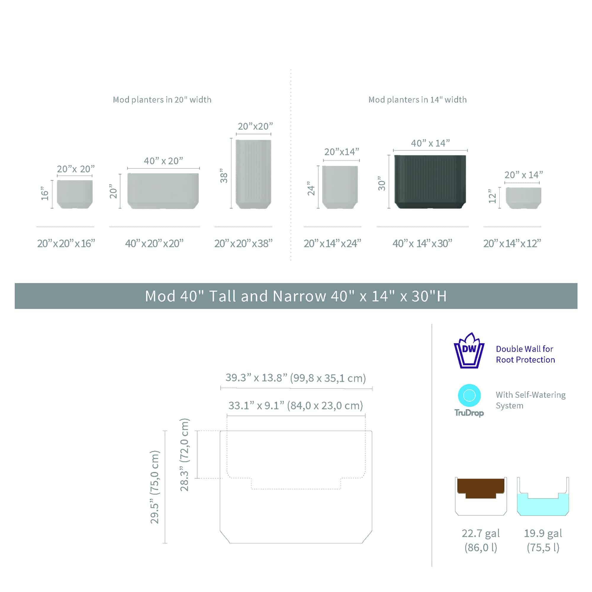 Mod with TruDrop™ Self-Watering - 40.1in x 14.1in x 29.9 in