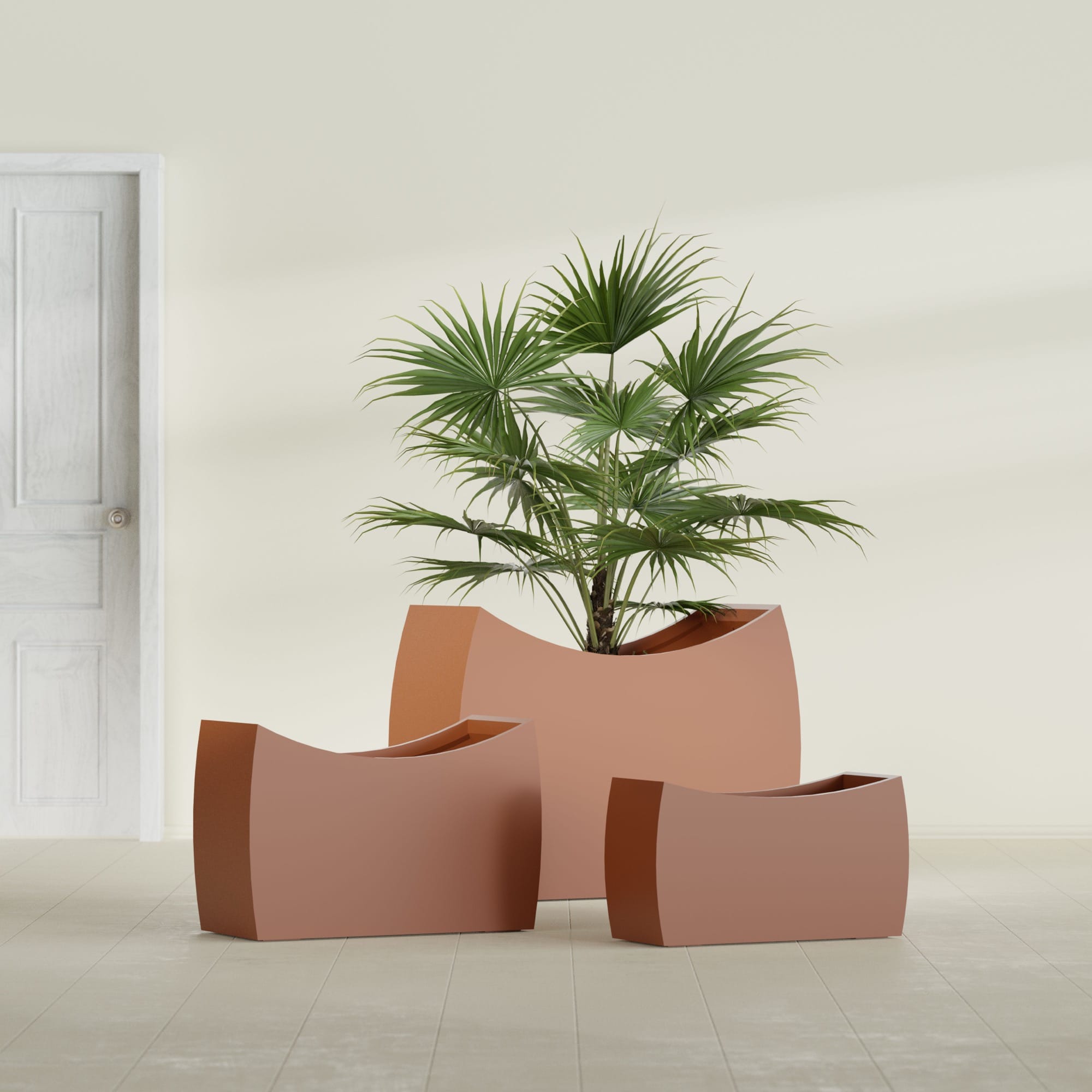 Seoul Extra Large Curved Abstract Fiberglass Planter - 48 in x 20 in x 36 in - Matte Terracotta - Matte Terracotta,48 in x 20 in x 36 in