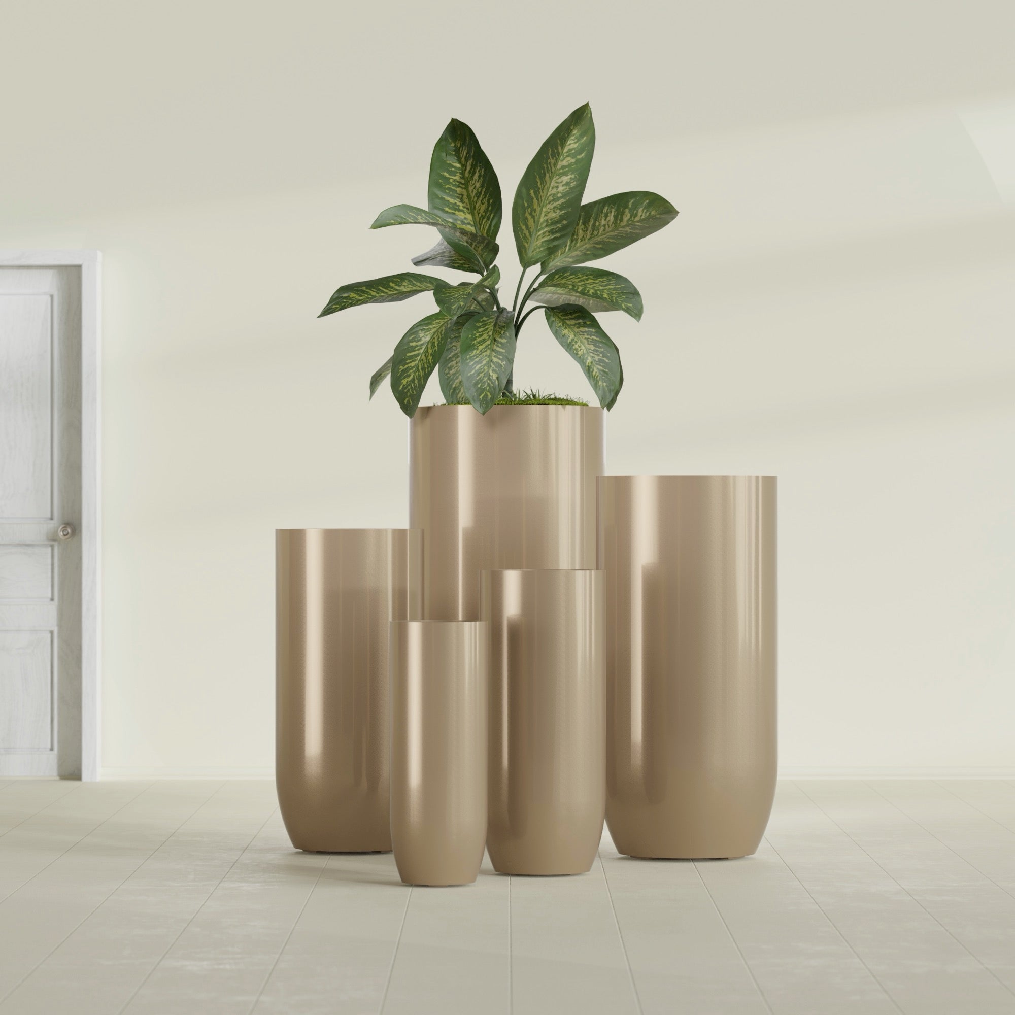 Saint Tropez Large Tall Round Fiberglass Planter - 16 in x 16 in x 38 in - Metallic Gold - Metallic Gold,16 in x 16 in x 38 in