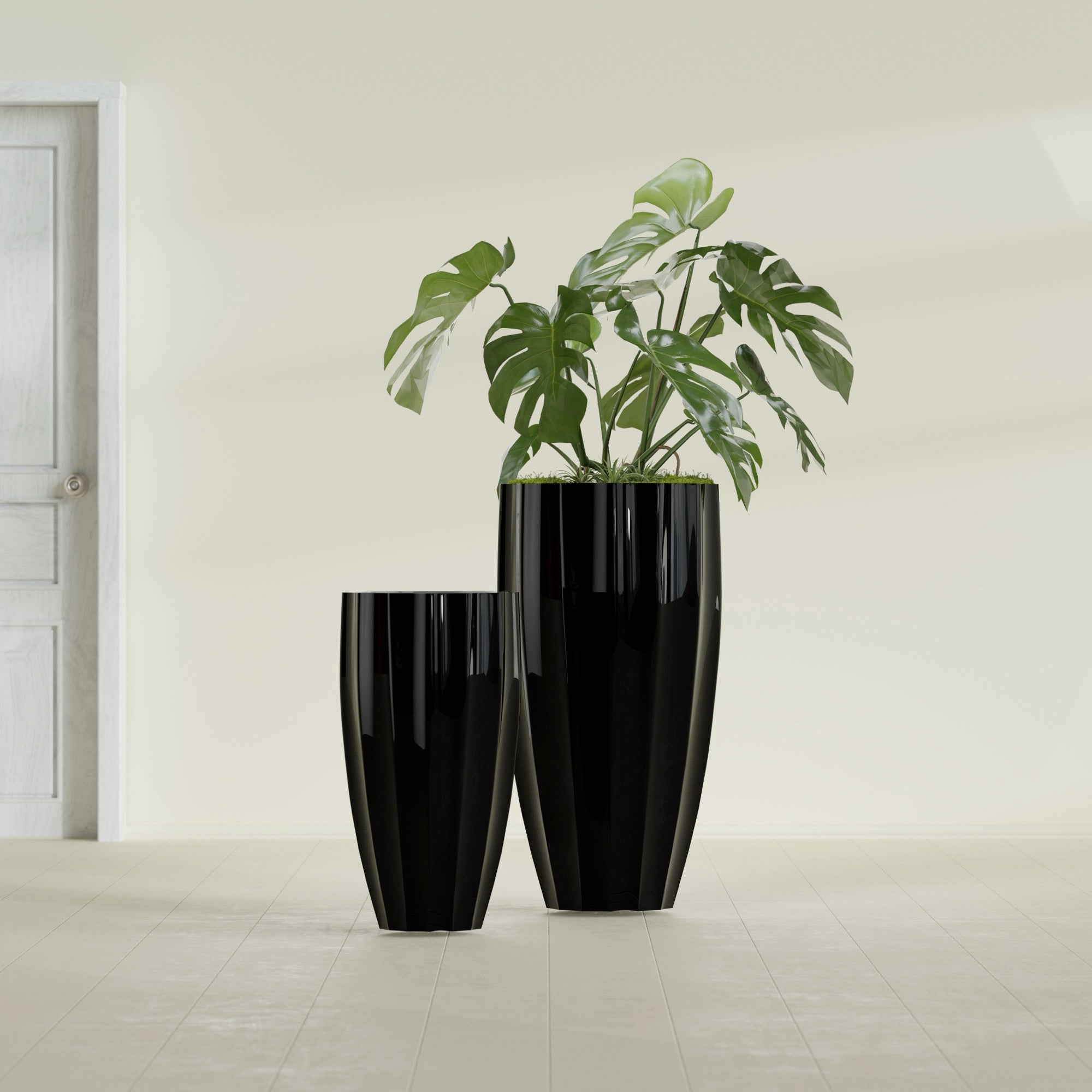 San Jose Large Tall Round Fluted Fiberglass Planter - 16 in x 16 in x 30 in - Gloss Black - Gloss Black,16 in x 16 in x 30 in