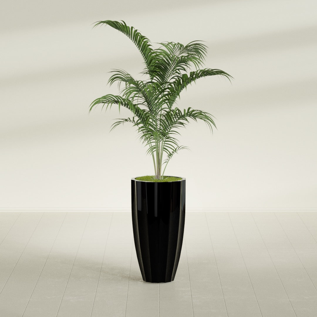 San Jose Large Tall Round Fluted Fiberglass Planter - 16 in x 16 in x 30 in - Gloss Black - Gloss Black,16 in x 16 in x 30 in