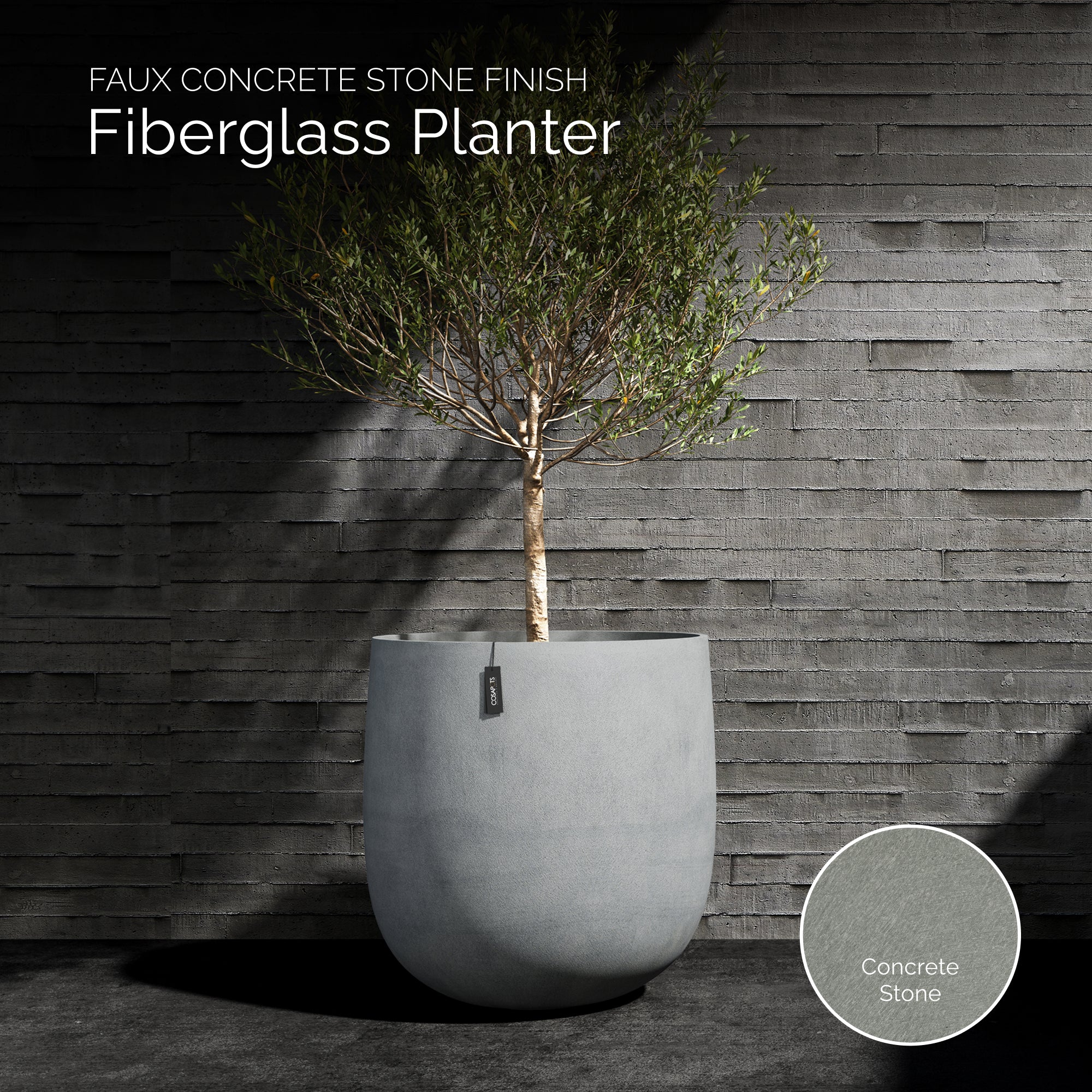 Mondo Large Planter – Concrete Stone Finish – Fiberglass Indoor/Outdoor and Weather-Resistant Round Planter (19.8" D x 19" H Exterior, 18.5" D x 18.5" H Interior) - Concrete Stone,19.75 in x 19.75 in x 19 in