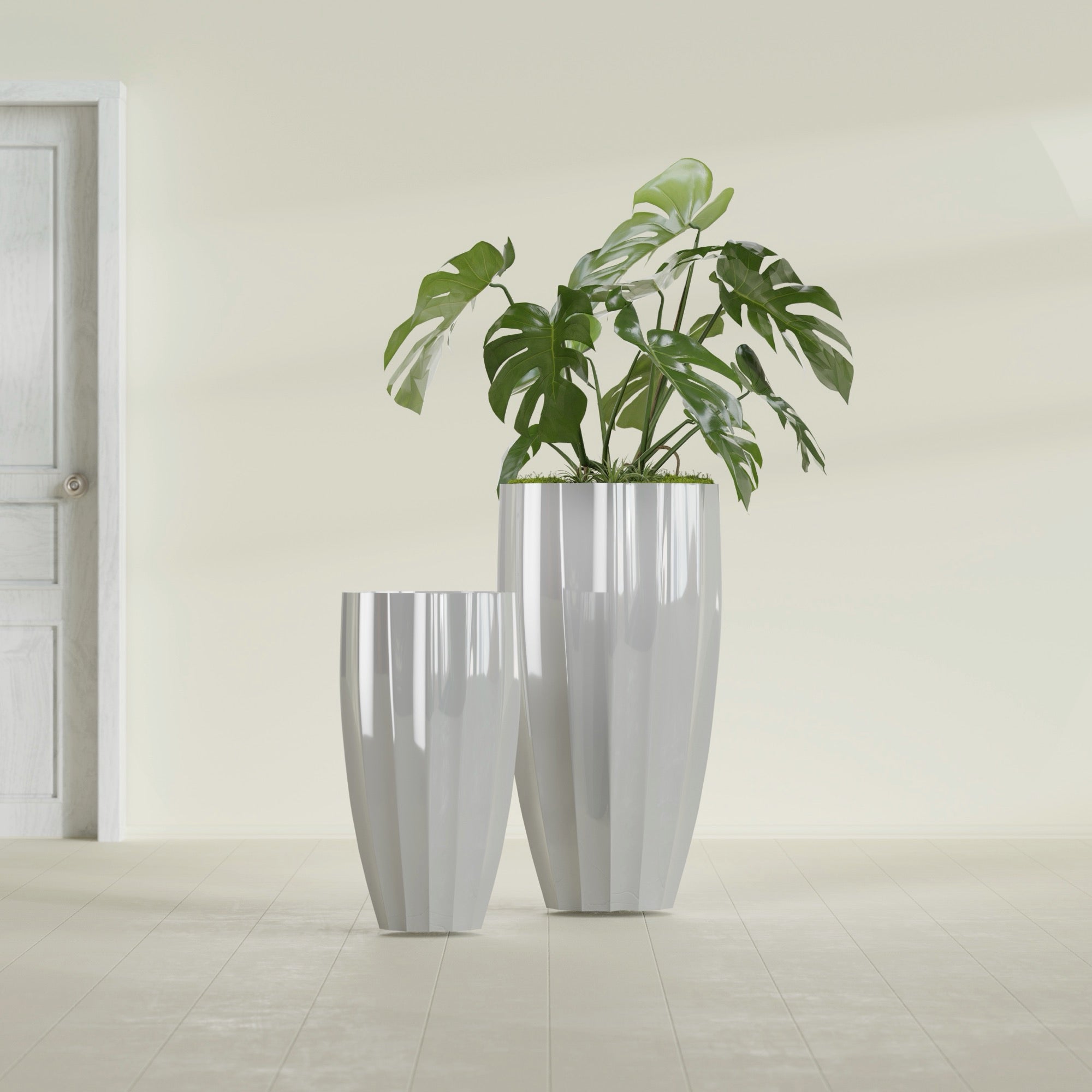 San Jose Large Tall Round Fluted Fiberglass Planter - 16 in x 16 in x 30 in - Metallic Silver - Metallic Silver,16 in x 16 in x 30 in