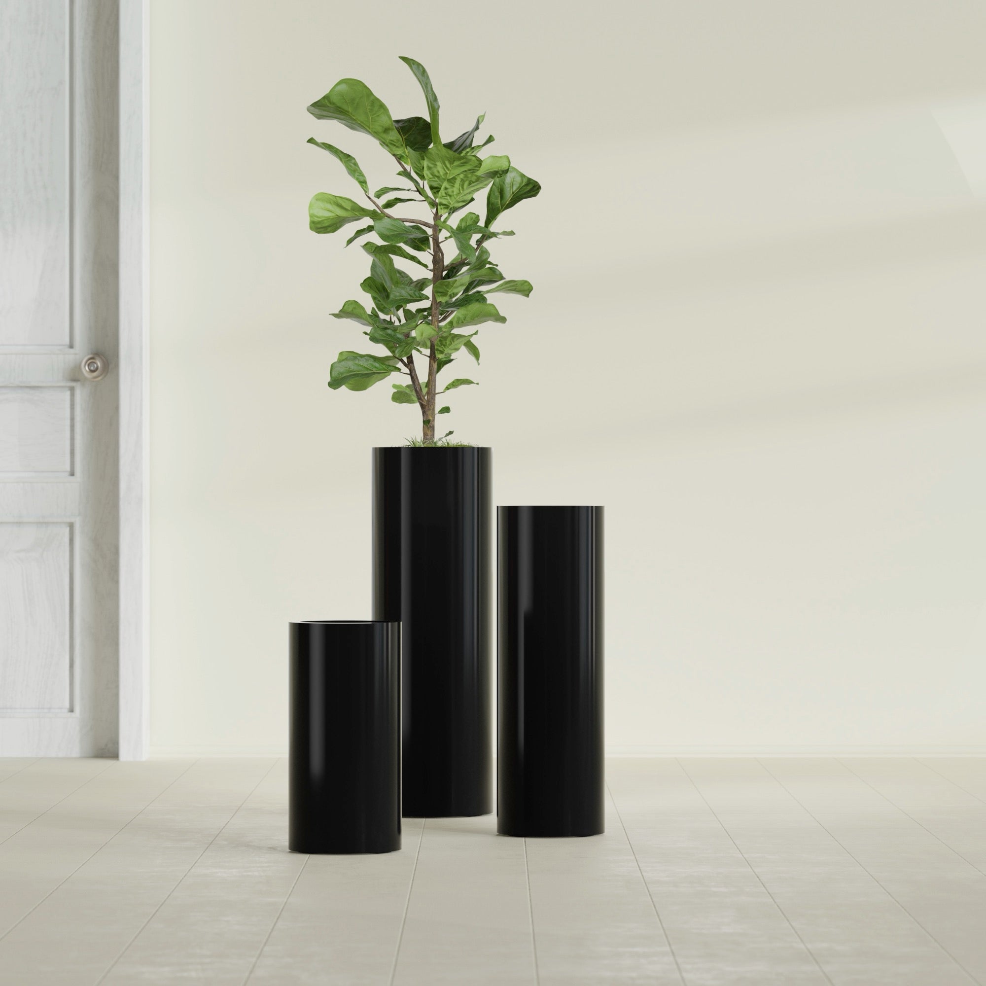 Corry Medium Tall Cylinder Fiberglass Planter - 10 in x 10 in x 20 in - Gloss Black - Gloss Black,10 in x 10 in x 20 in