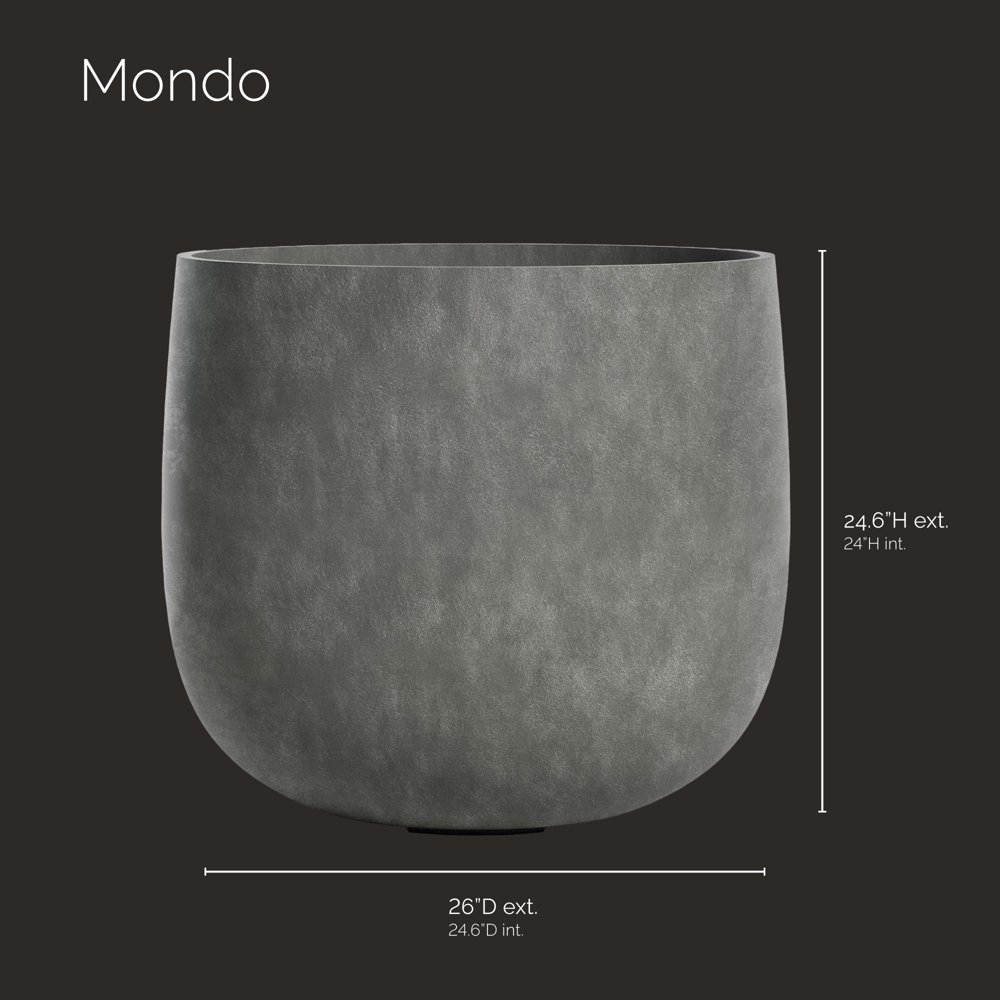 Mondo Large Planter – Grey Stone Finish – Fiberglass Indoor/Outdoor and Weather-Resistant Round Planter (26" D x 24.6" H Exterior, 24.6" D x 24" H Interior) - Grey Stone,26 in x 26 in x 24 in