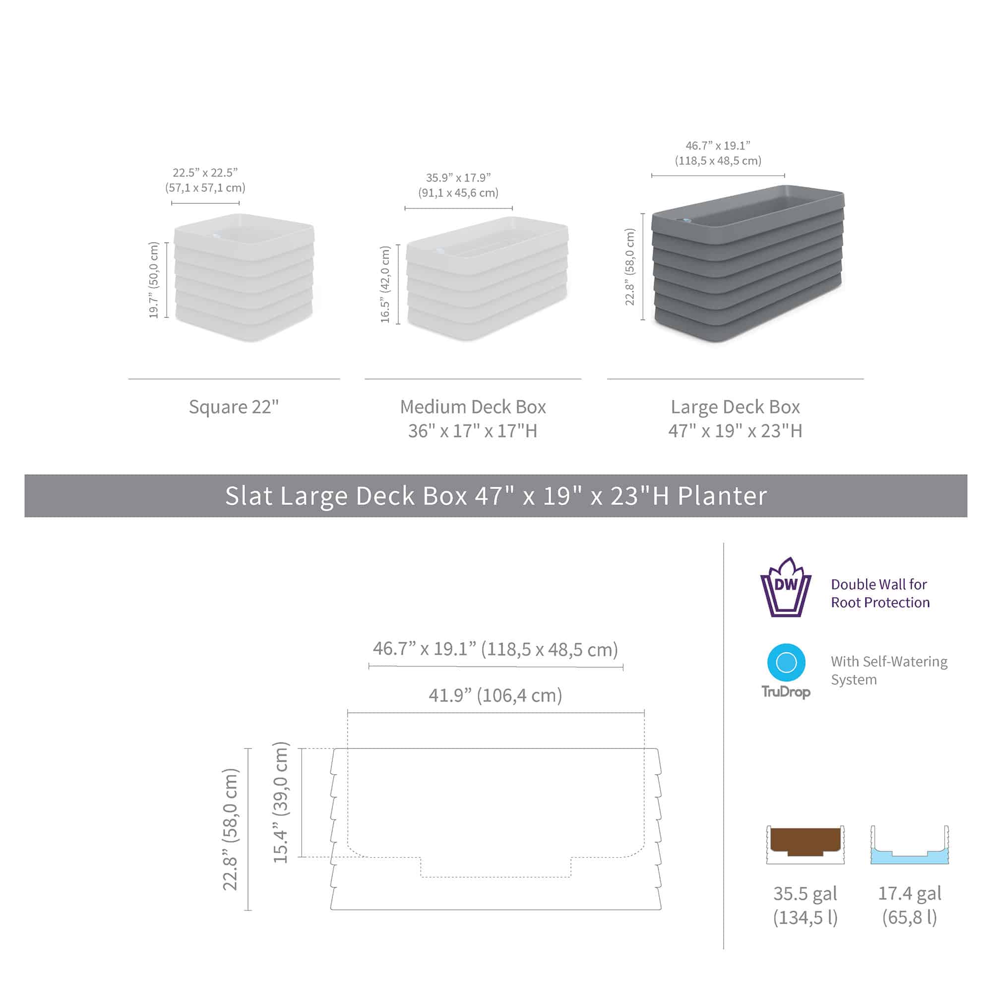 Slat Rectangle with TruDrop™ Self-Watering - 46.6in x 19in x 22.8 in