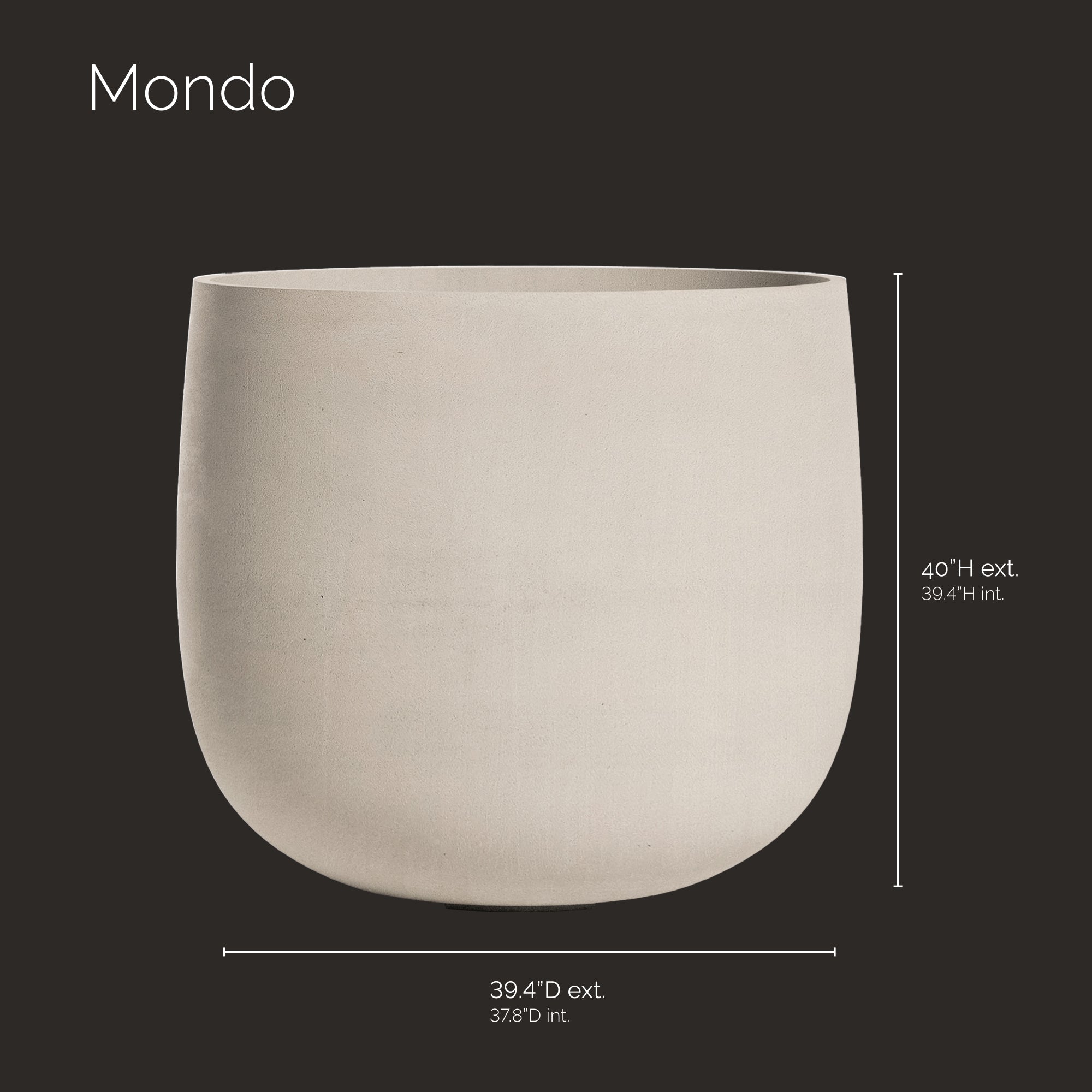 Mondo Large Planter – Sand Stone Finish – Fiberglass Indoor/Outdoor and Weather-Resistant Round Planter (39.5" D x 40" H Exterior, 37.8" D x 39.5" H Interior) - Sand Stone,39.5 in x 39.5 in x 39.5 in