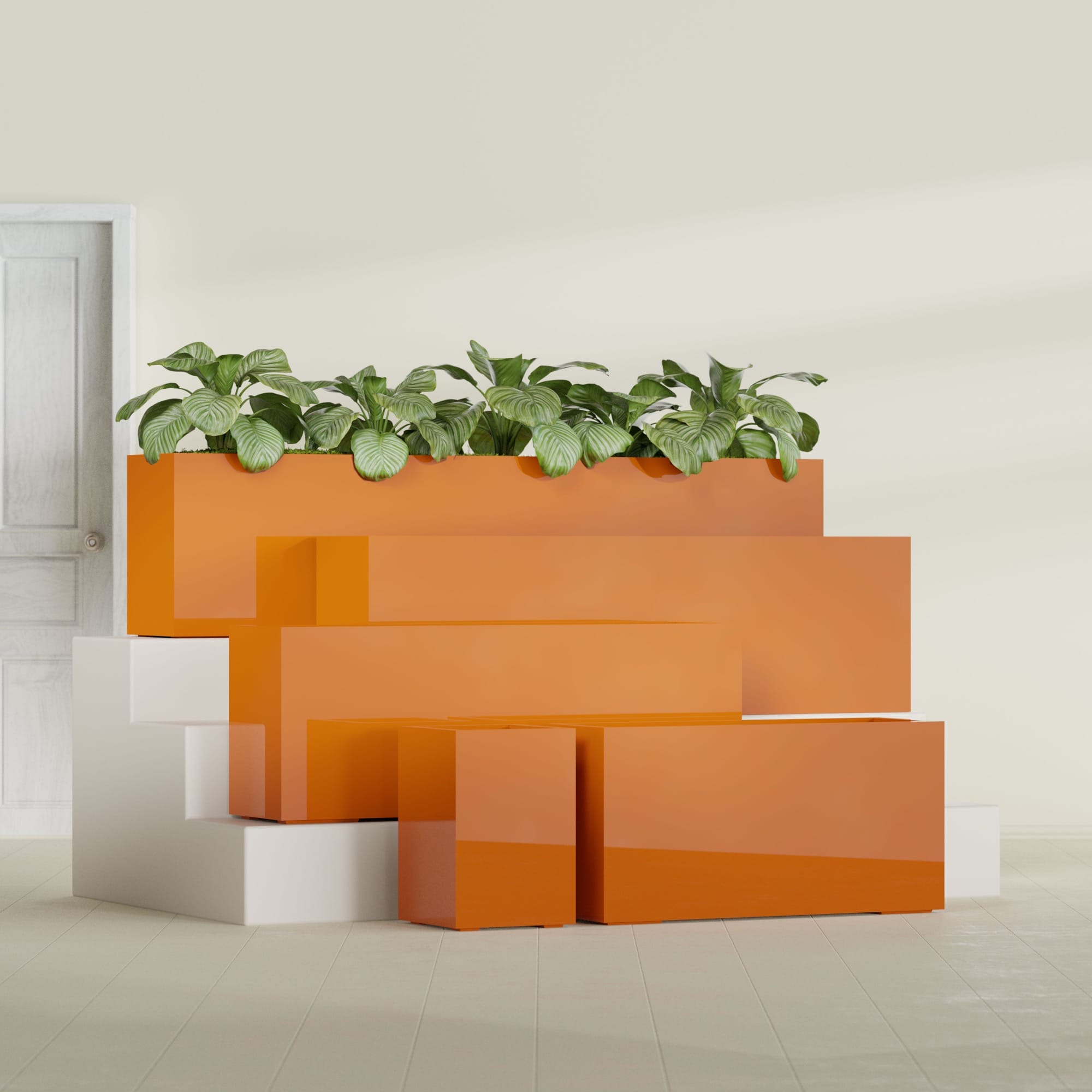 Miami Large Narrow Rectangle Fiberglass Planter - 36 in x 12 in x 18 in - Gloss Tangerine - Gloss Tangerine,36 in x 12 in x 18 in