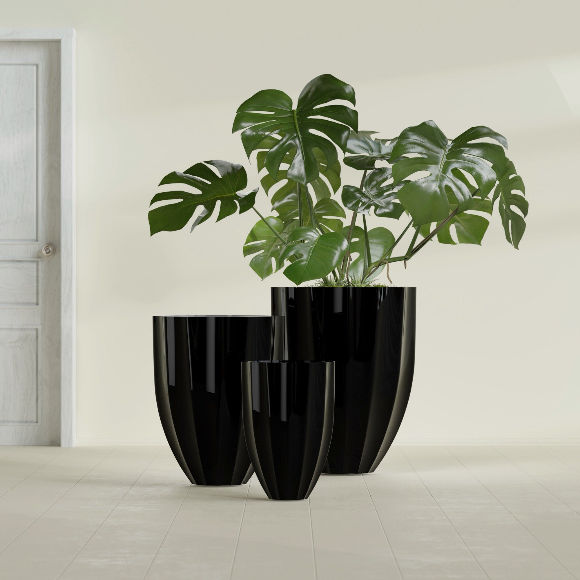 Alicante Medium Round Fiberglass Planter - 22 in x 22 in x 27 in - Gloss Black - Gloss Black,22 in x 22 in x 27 in