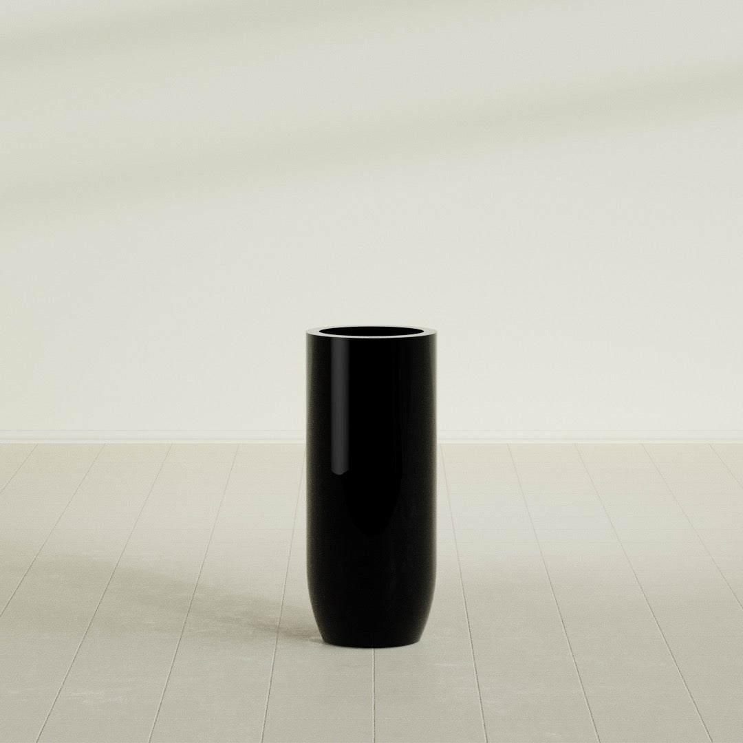 Saint Tropez Large Tall Round Fiberglass Planter - 16 in x 16 in x 38 in - Gloss Black - Gloss Black,16 in x 16 in x 38 in