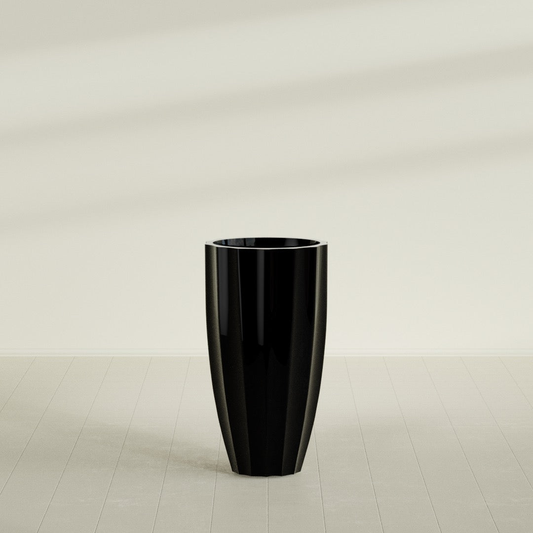 San Jose Large Tall Round Fluted Fiberglass Planter - 22 in x 22 in x 40 in - Gloss Black - Gloss Black,22 in x 22 in x 40 in