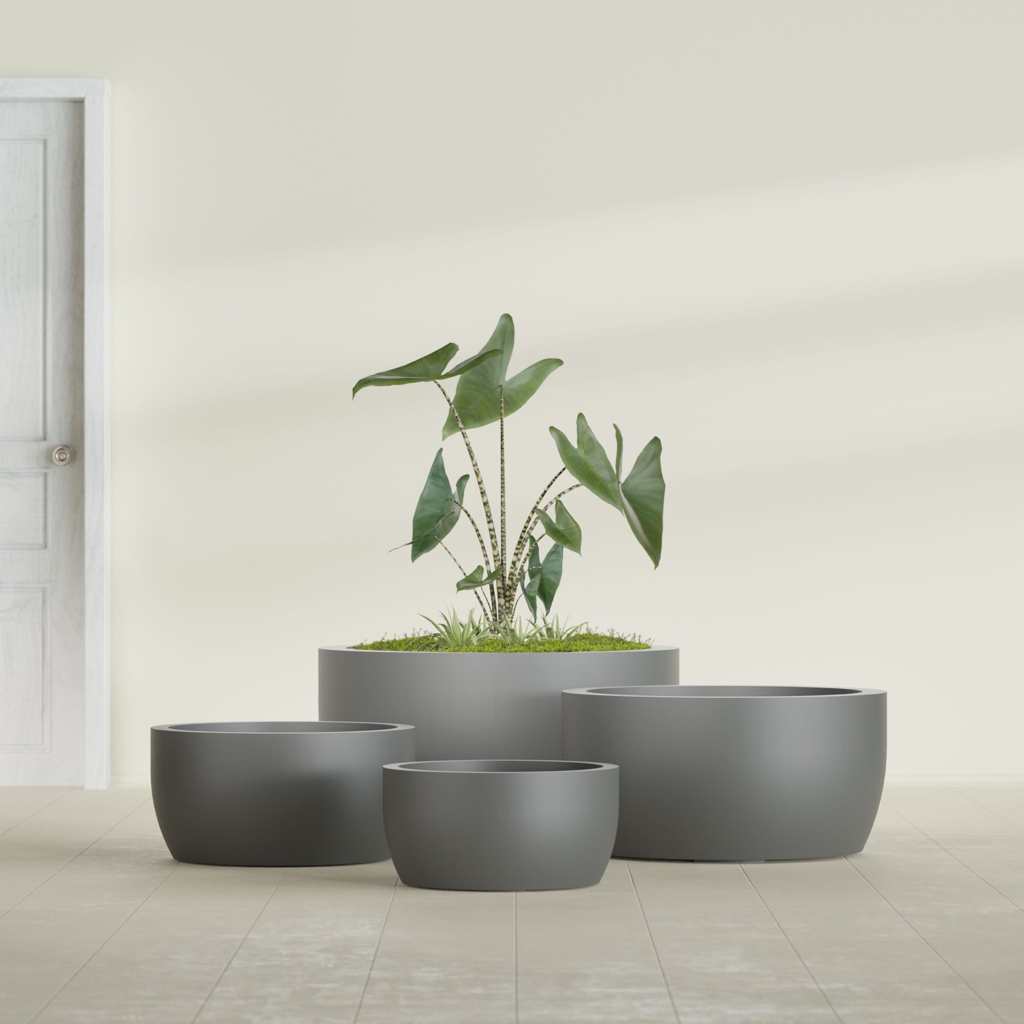 Casablanca Large Round Low Bowl Fiberglass Planter - 30 in x 30 in x 15 in - Metallic Gunmetal - Metallic Gunmetal,30 in x 30 in x 15 in