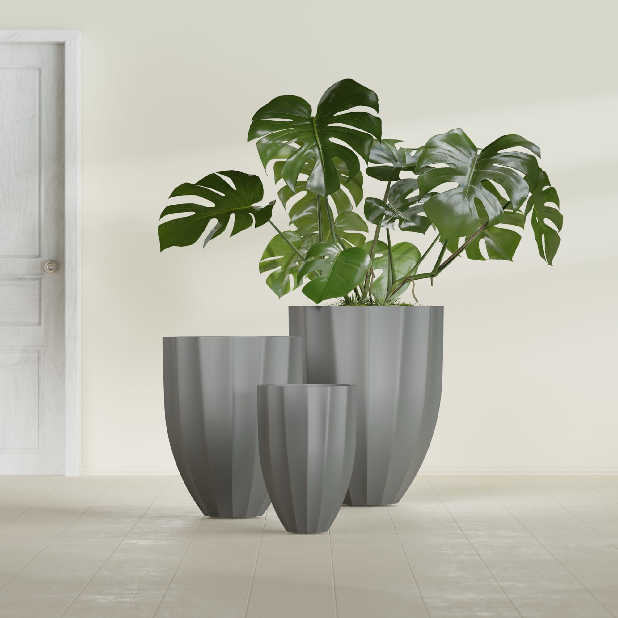 Alicante Small Round Fiberglass Planter - 15 in x 15 in x 21 in - Metallic Gunmetal - Metallic Gunmetal,15 in x 15 in x 21 in