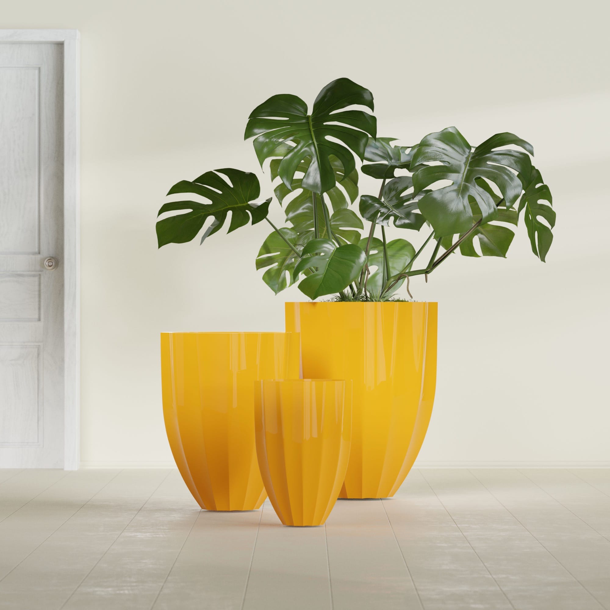 Alicante Small Round Fiberglass Planter - 15 in x 15 in x 21 in - Gloss Saffron - Gloss Saffron,15 in x 15 in x 21 in