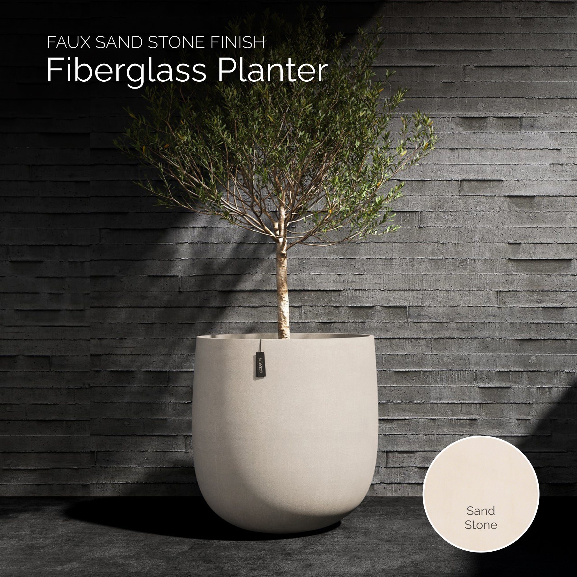 Mondo Large Planter – Sand Stone Finish – Fiberglass Indoor/Outdoor and Weather-Resistant Round Planter (33" D x 31.3" H Exterior, 31.5" D x 30.8" H Interior) - Sand Stone,33 in x 33 in x 30.75 in