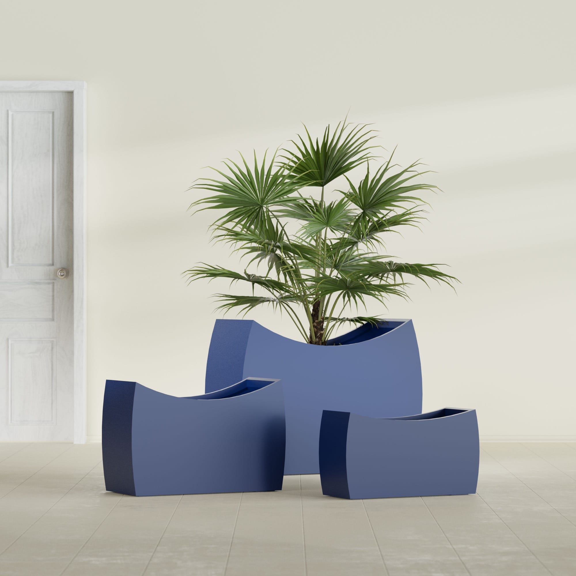 Seoul Extra Large Curved Abstract Fiberglass Planter - 48 in x 20 in x 36 in - Matte Cobalt Blue - Matte Cobalt Blue,48 in x 20 in x 36 in