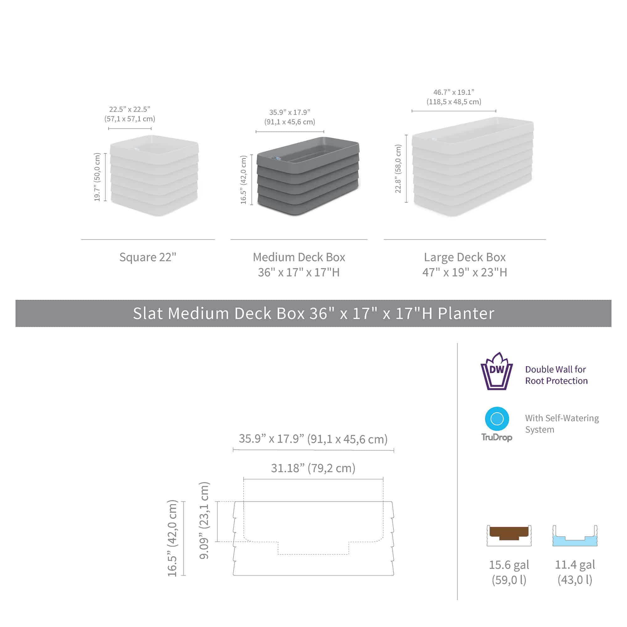 Slat Rectangle with TruDrop™ Self-Watering - 35.8in x 17.9in x 16.5 in
