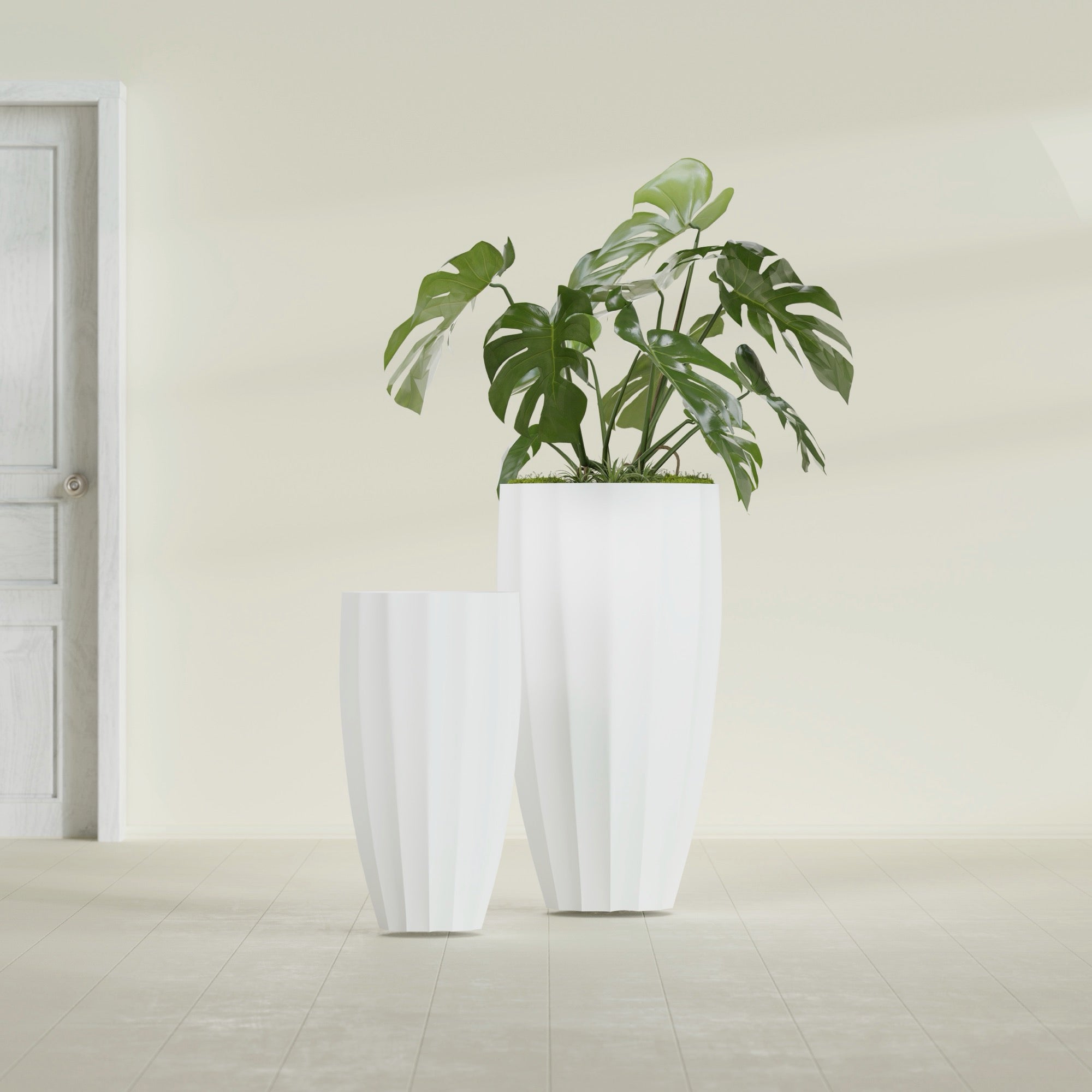 San Jose Large Tall Round Fluted Fiberglass Planter - 16 in x 16 in x 30 in - Matte White - Matte White,16 in x 16 in x 30 in