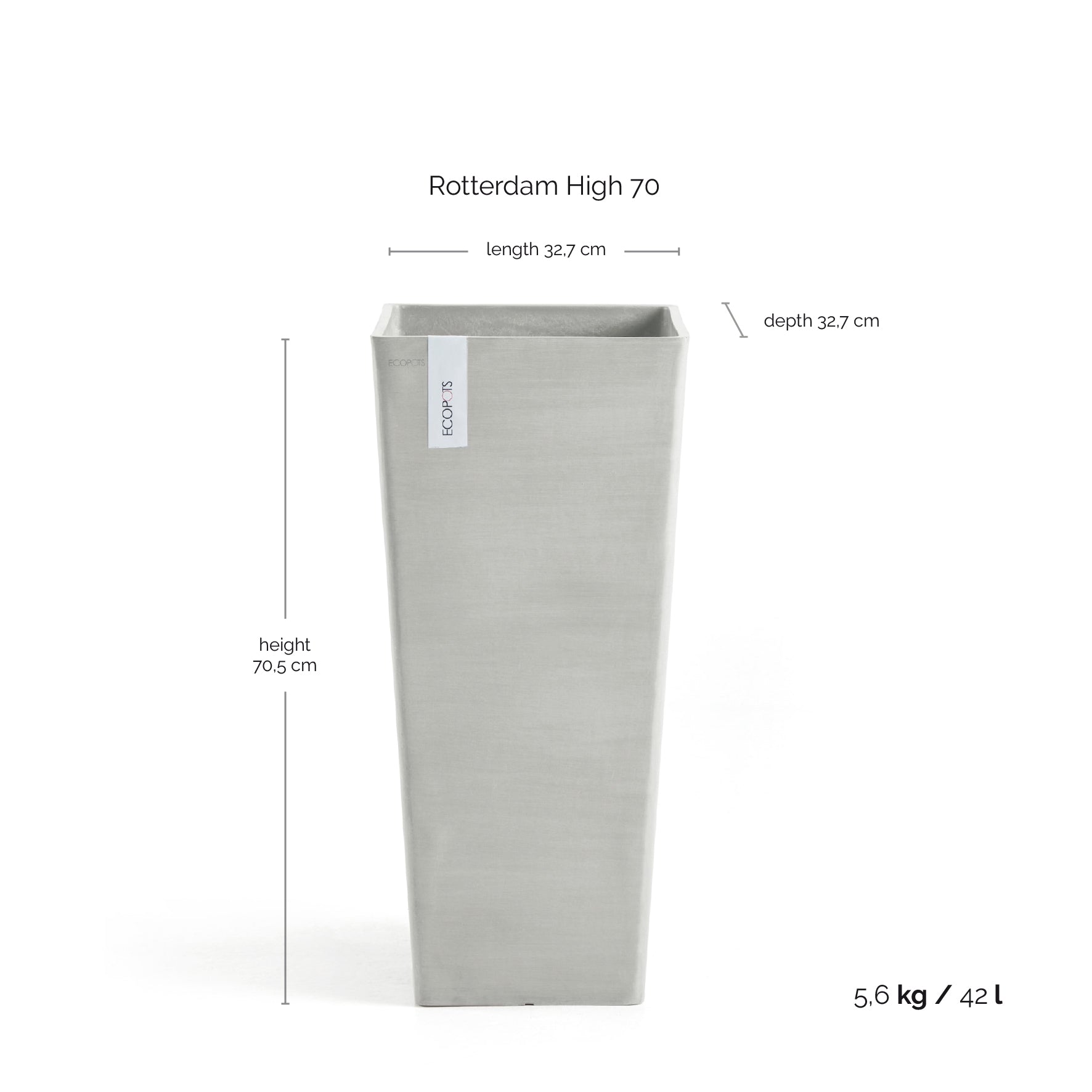 Rotterdam Medium Tall Square Planter - 12.6 in x 12.6 in x 27.5 in - Planter + Saucer - White Grey - White Grey,12.5 in x 12.5 in x 27.5 in,Planter + Saucer