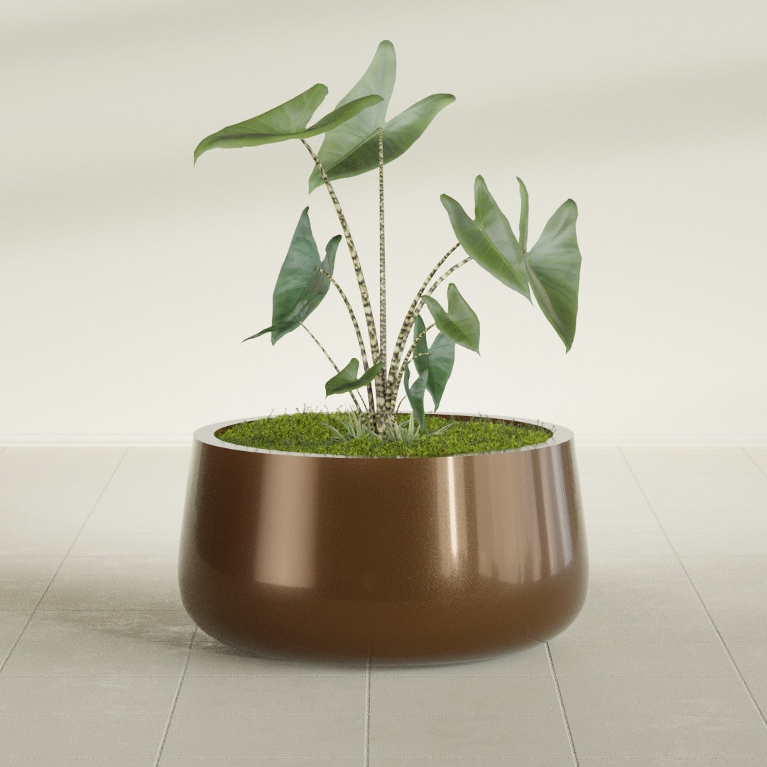 Short Hayden Medium Round Fiberglass Planter - 20 in x 20 in x 10 in - Metallic Bronze - Metallic Bronze,20 in x 20 in x 10 in