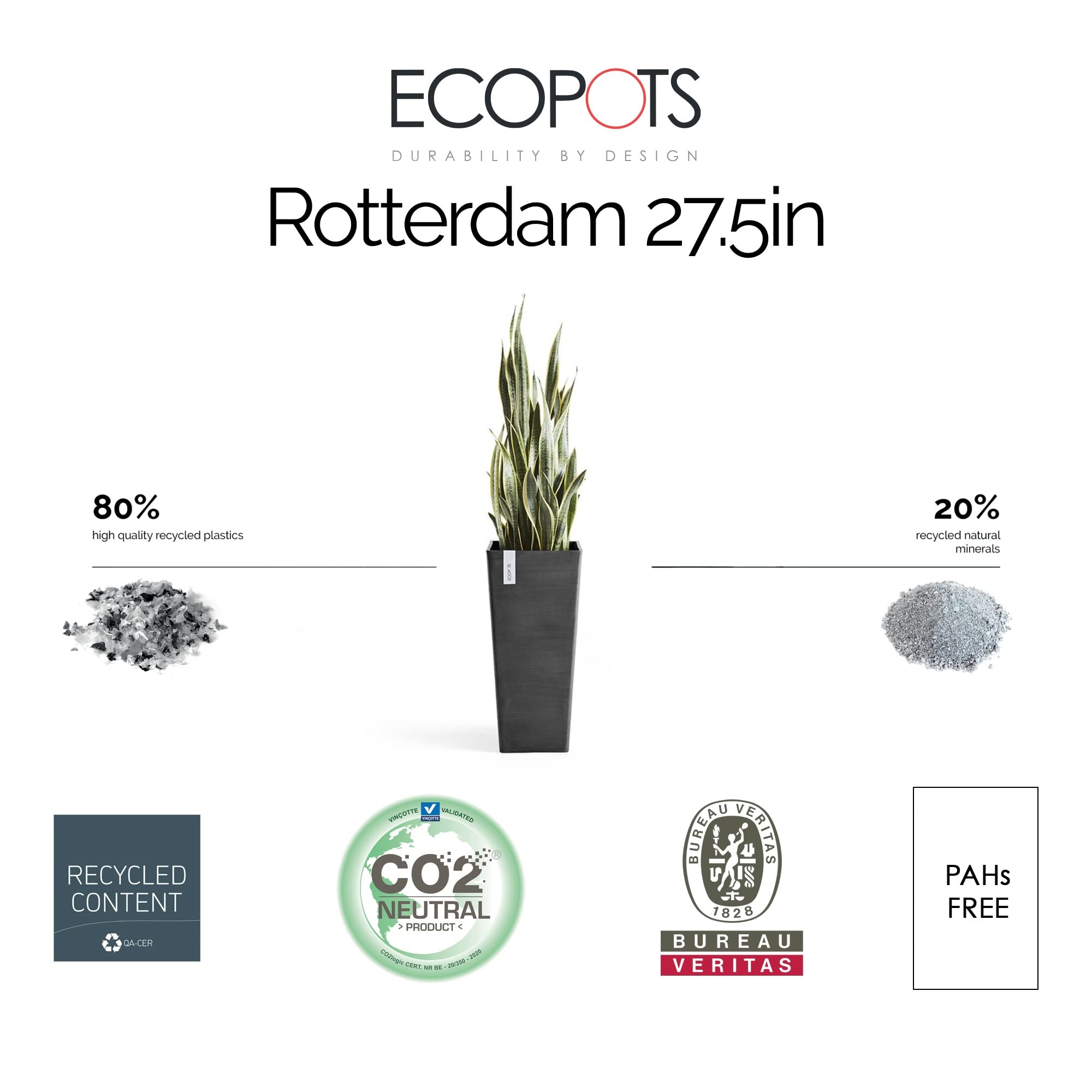 Rotterdam Medium Tall Square Planter - 12.6 in x 12.6 in x 27.5 in - Dark Grey - Dark Grey,12.5 in x 12.5 in x 27.5 in,Planter Only
