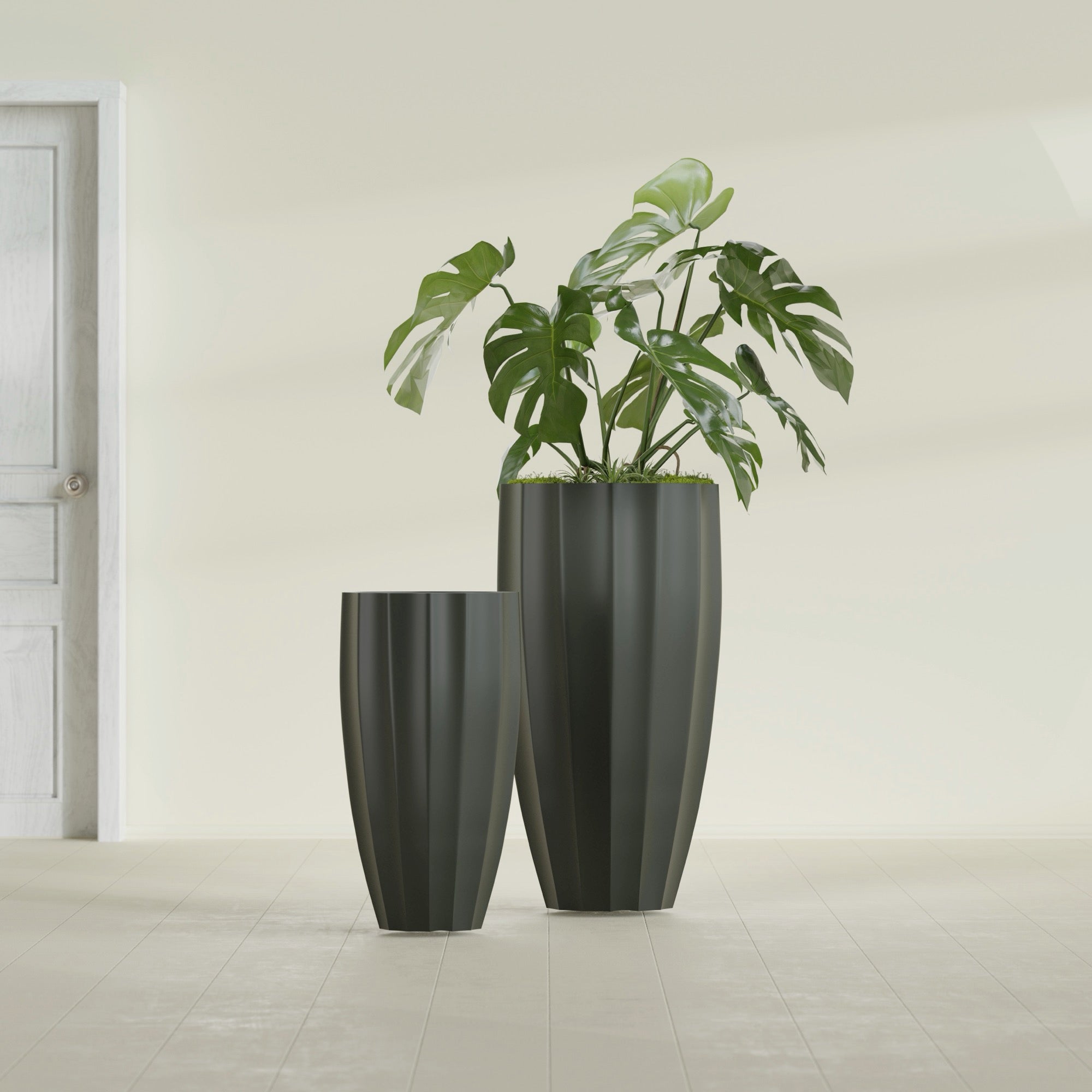 San Jose Large Tall Round Fluted Fiberglass Planter - 16 in x 16 in x 30 in - Matte Charcoal - Matte Charcoal,16 in x 16 in x 30 in