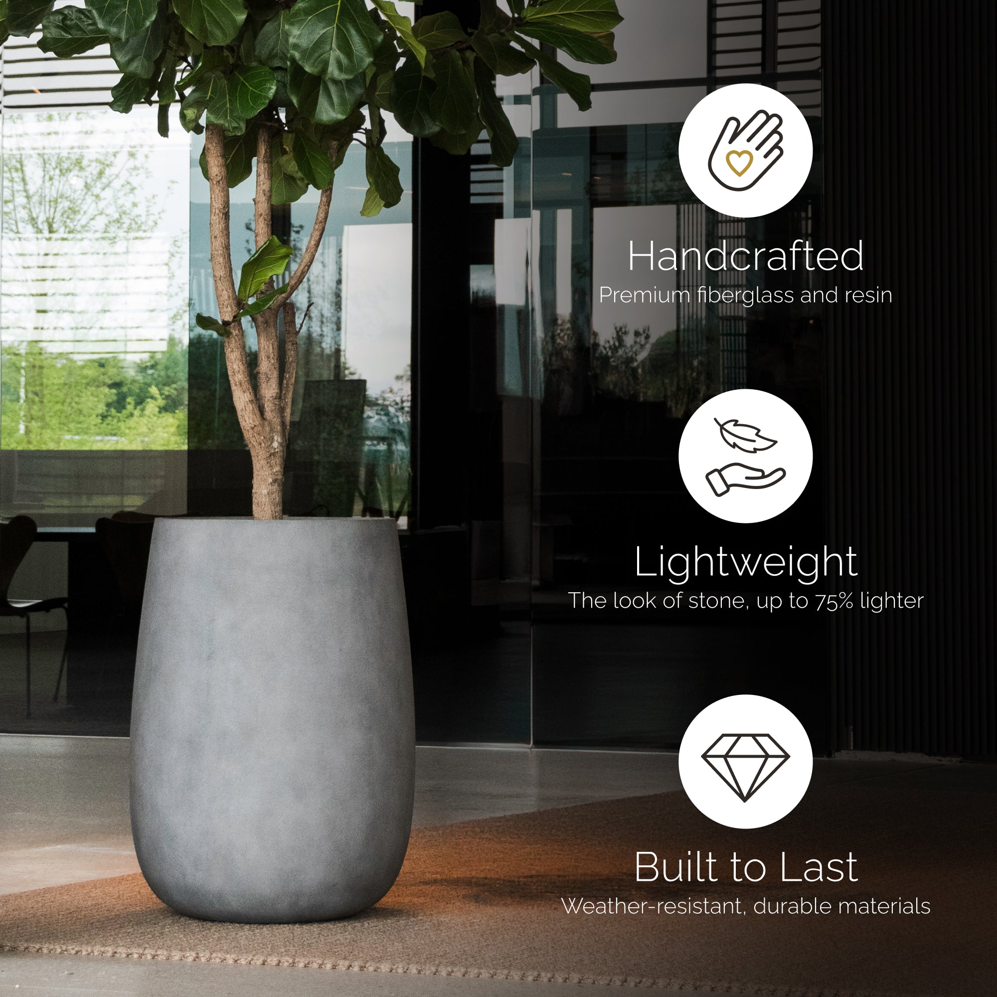 COSAPOTS Mondo High Tall Fiberglass Planter – Lightweight Indoor/Outdoor Plant Pot, Frost & Weather Resistant, Handmade Modern Decorative Planter – 21.6" X 21.6" X 35.6" – Carbon Stone - Carbon Stone,21.6 in diam. x 35.6 in