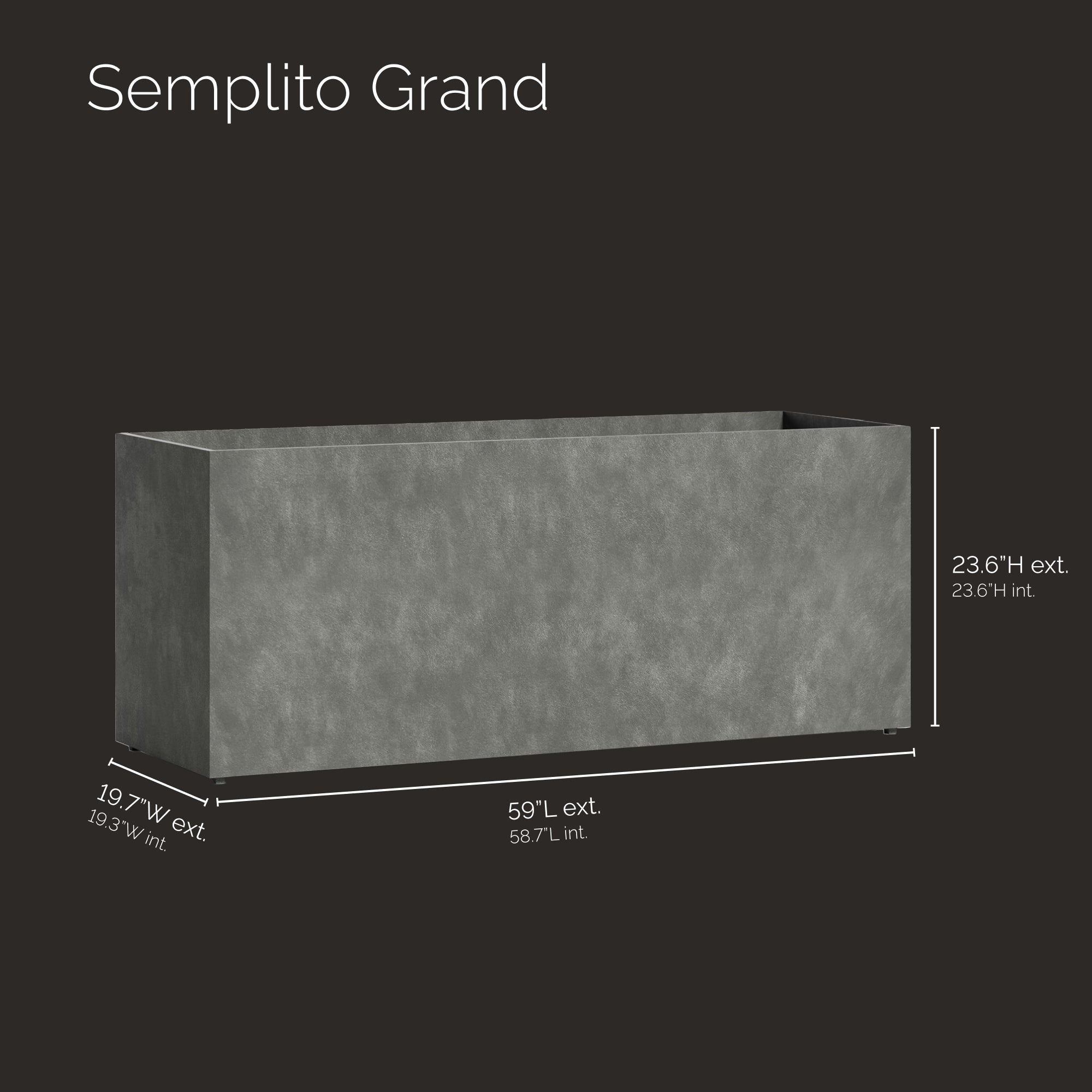 Semplito Grand Rectangular Planter – Grey Stone Finish – Fiberglass Indoor/Outdoor, Weather-Resistant XL Planter (59" L x 19.75" W x 23.5" H Exterior, 58.7" L x 19.3" W Interior) - Grey Stone,59 in x 19.7 in x 23.6 in
