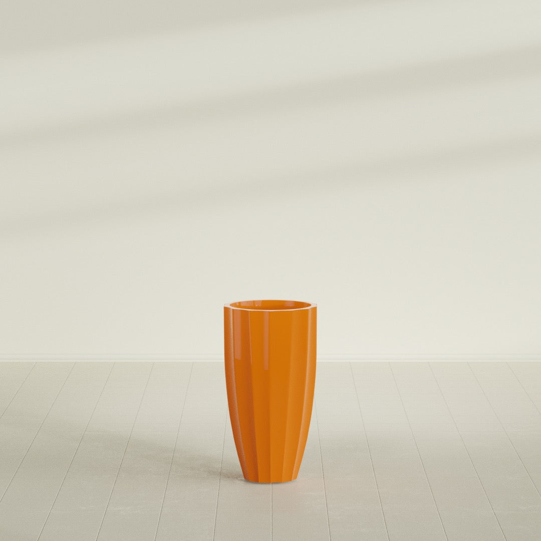 San Jose Large Tall Round Fluted Fiberglass Planter - 16 in x 16 in x 30 in - Gloss Tangerine - Gloss Tangerine,16 in x 16 in x 30 in